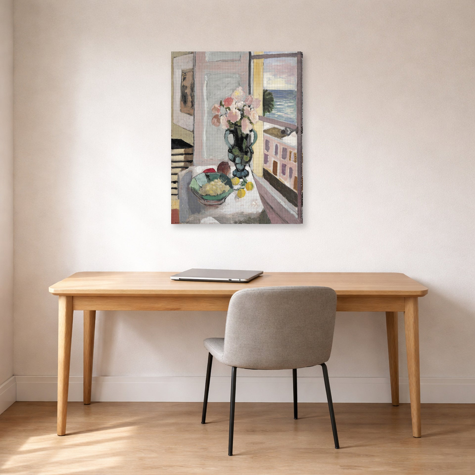 Gallery-wrapped canvas print of Henri Matisse's Flowers in front of a Window hanging in a home office