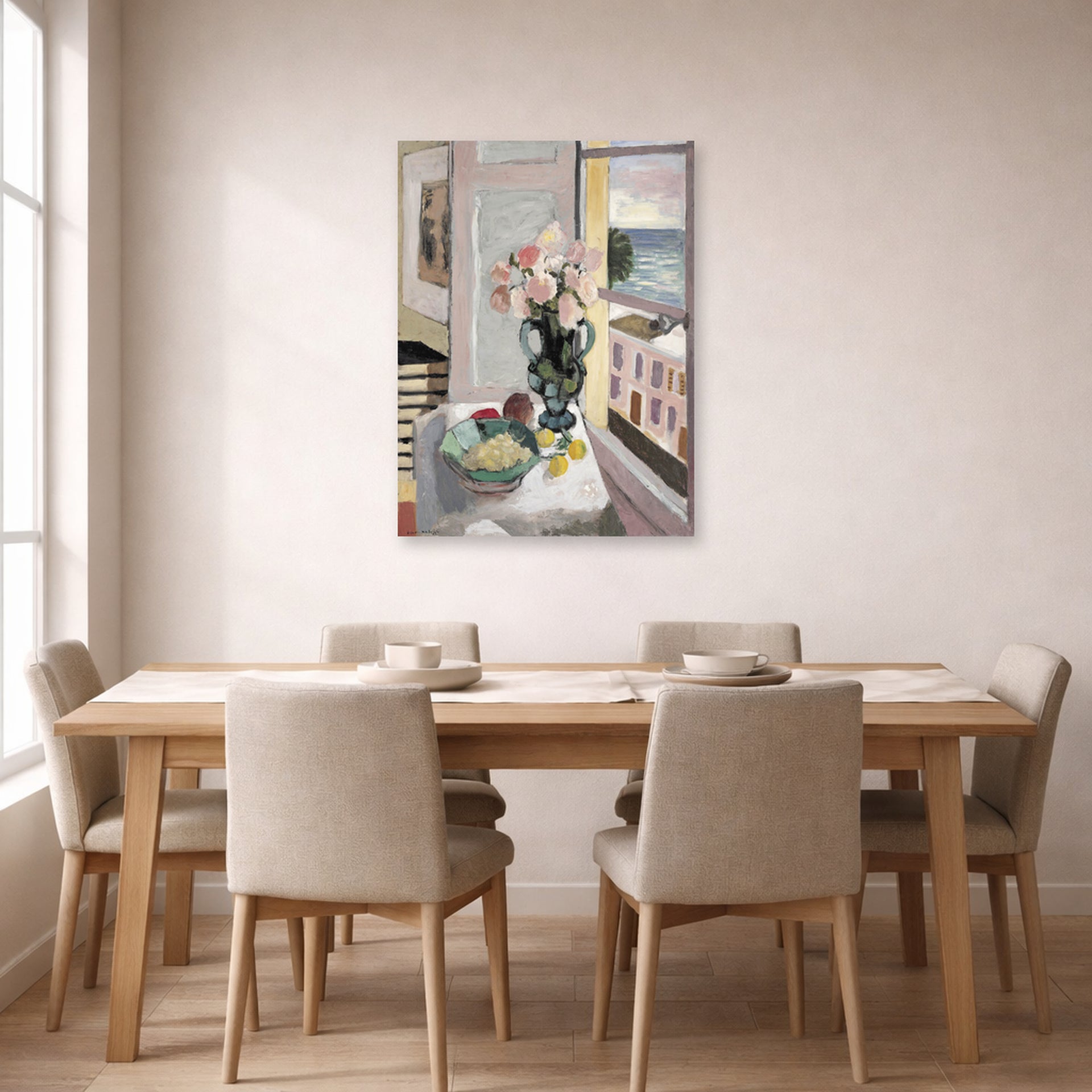 Unframed poster print of Henri Matisse's Flowers in front of a Window displayed on a dining room wall