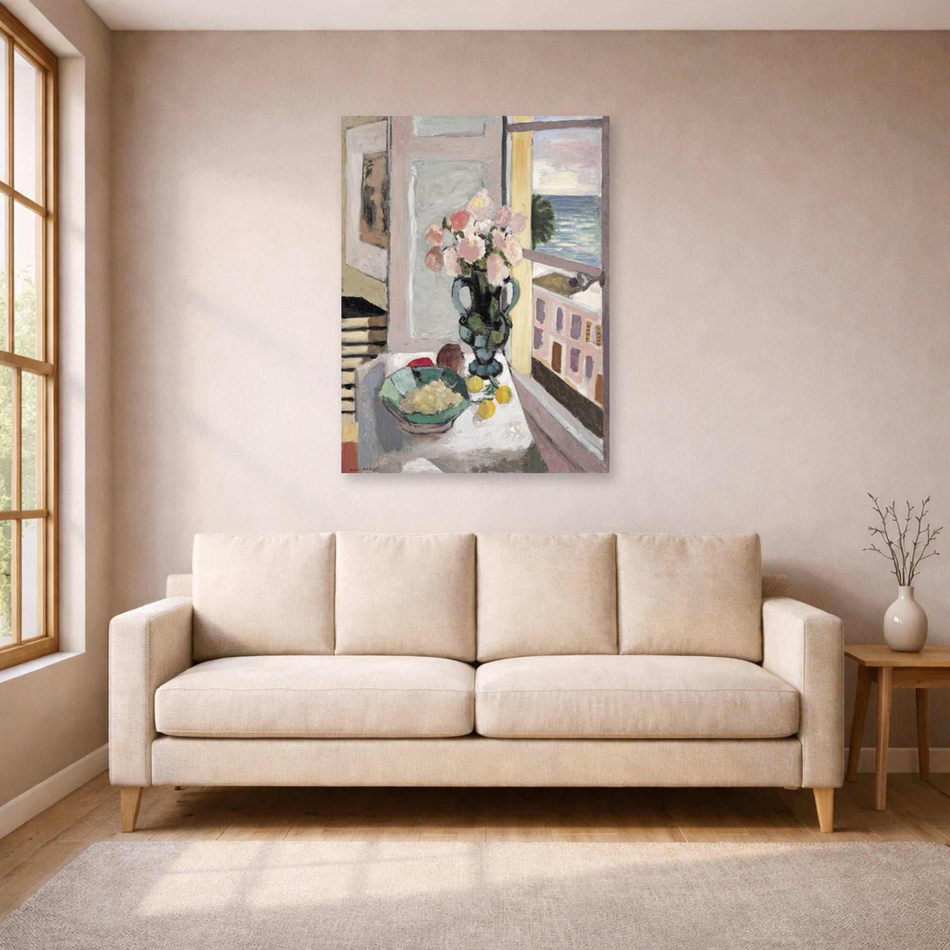 Unframed poster print of Henri Matisse's Flowers in front of a Window displayed in a living room, view 1