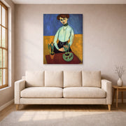 Gallery-wrapped canvas print of Henri Matisse's Girl with Tulips hanging in a living room, view 1