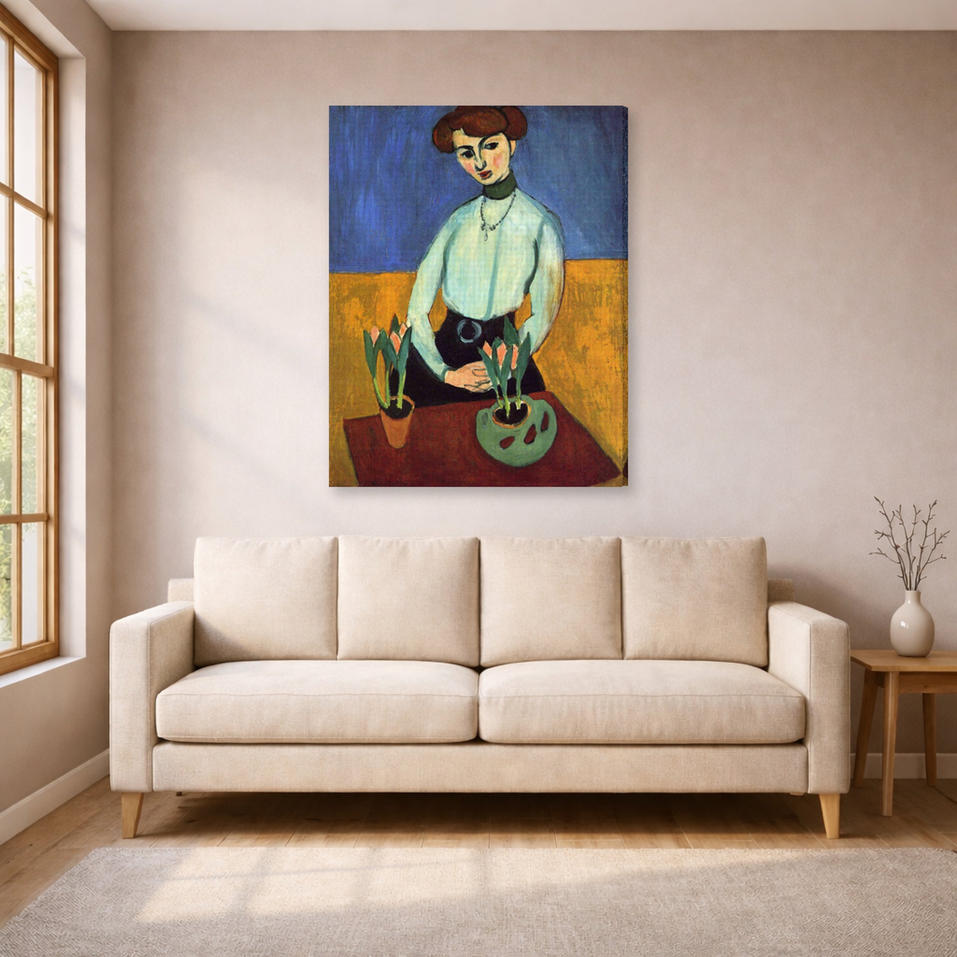 Gallery-wrapped canvas print of Henri Matisse's Girl with Tulips hanging in a living room, view 1