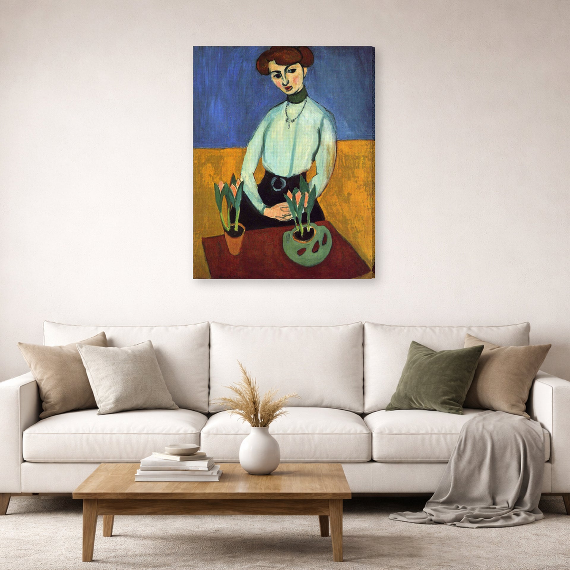 Gallery-wrapped canvas print of Henri Matisse's Girl with Tulips hanging in a living room, view 2