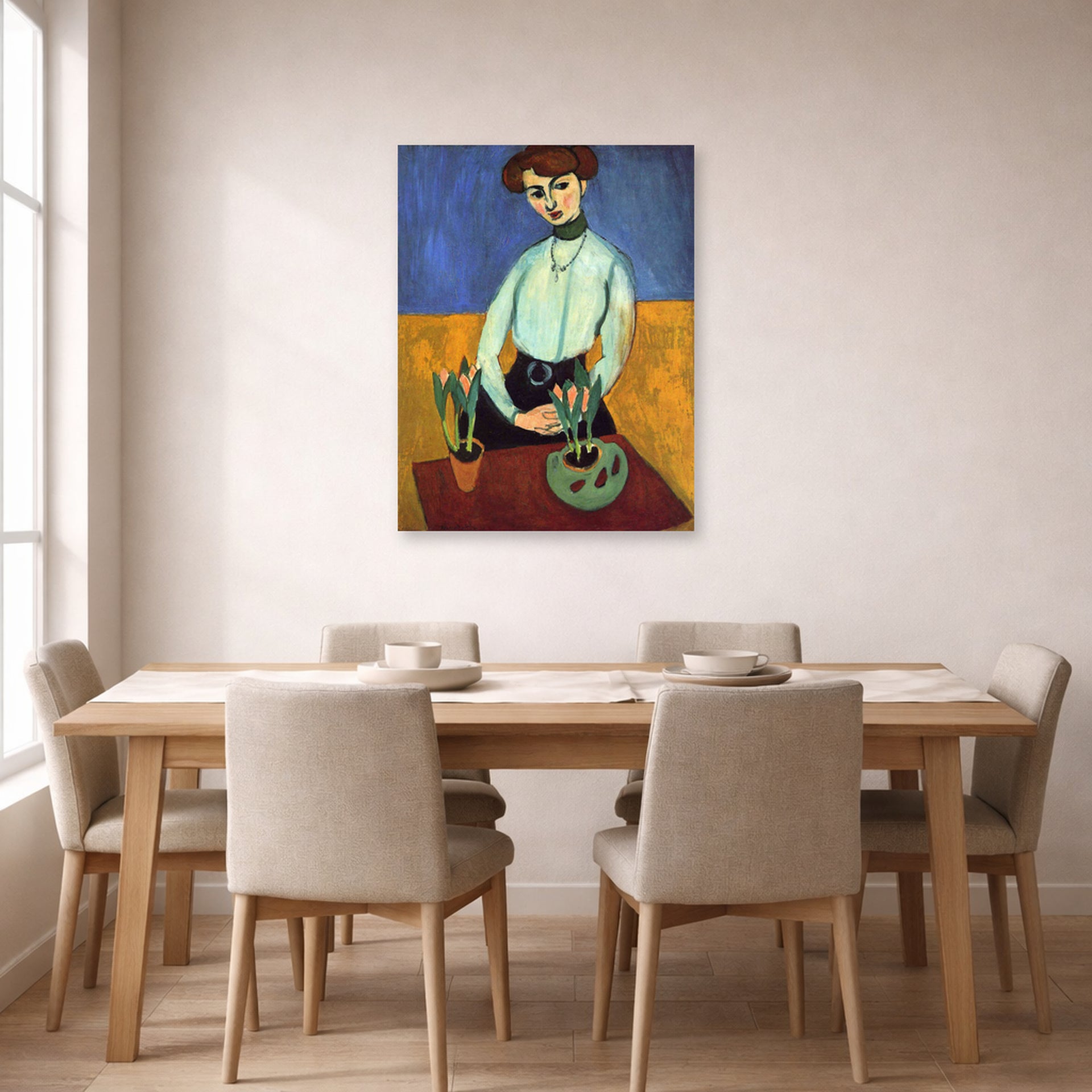 Unframed poster print of Henri Matisse's Girl with Tulips displayed on a dining room wall