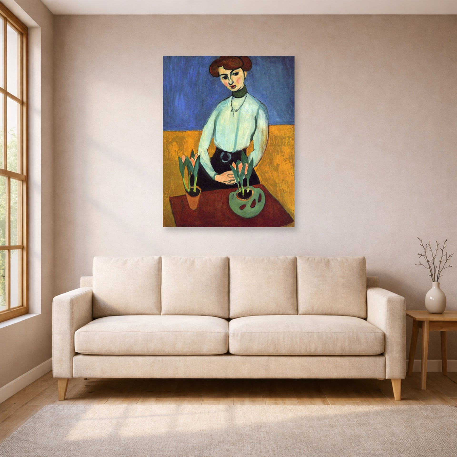 Unframed poster print of Henri Matisse's Girl with Tulips displayed in a living room, view 1