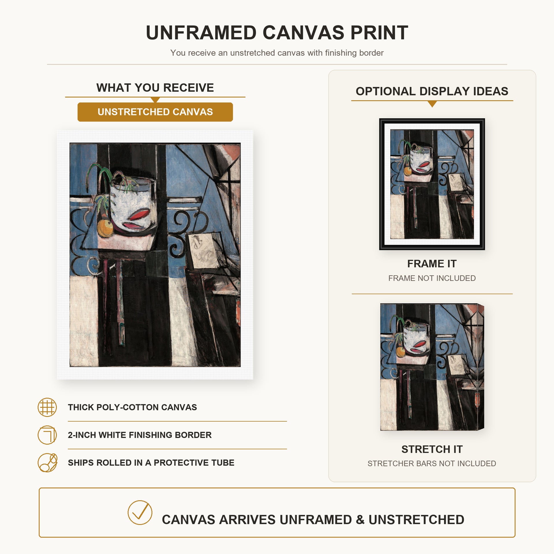 Henri Matisse - Goldfish and Palette canvas print size comparison and framing display infographic