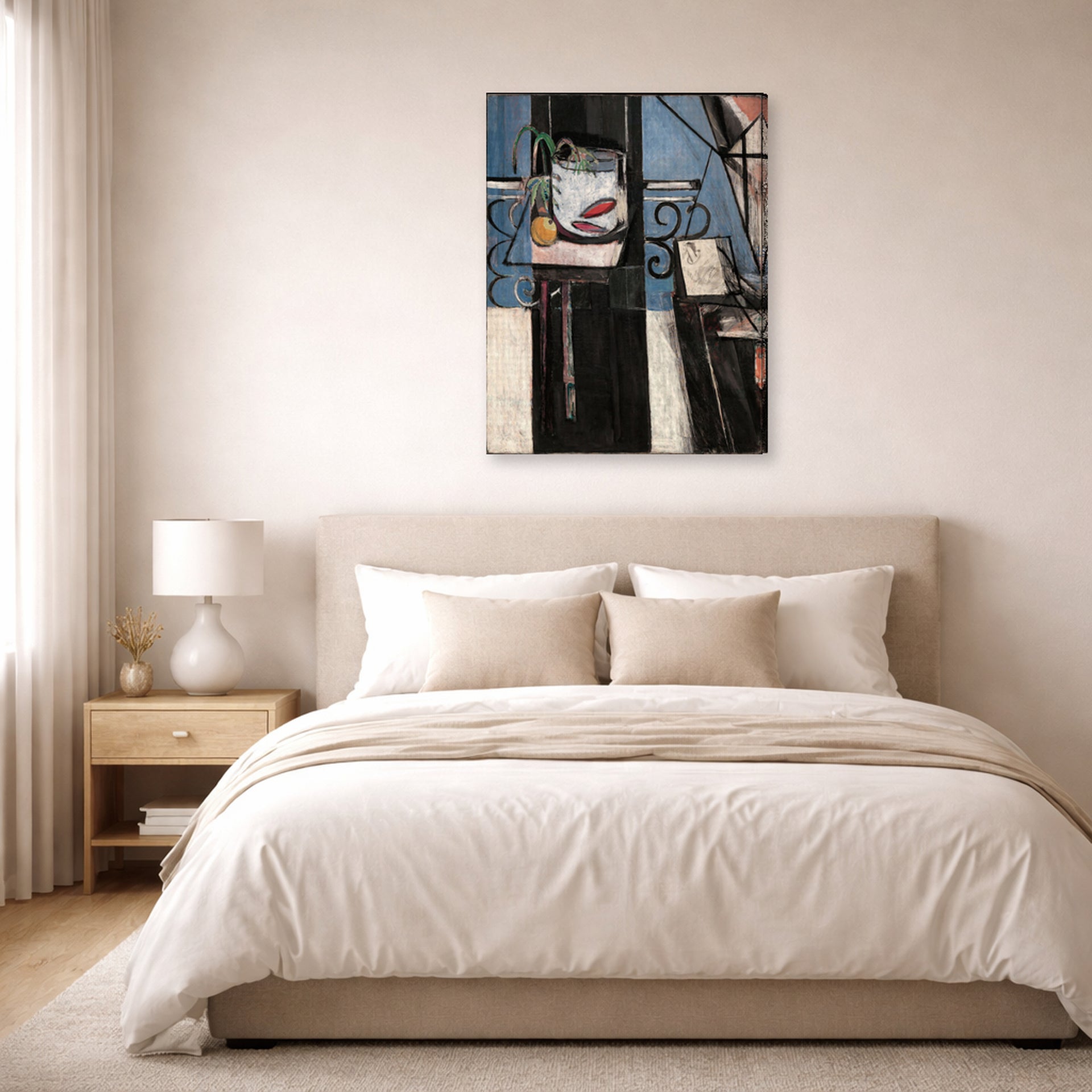 Gallery-wrapped canvas print of Henri Matisse's Goldfish and Palette hanging above a bed in a bedroom