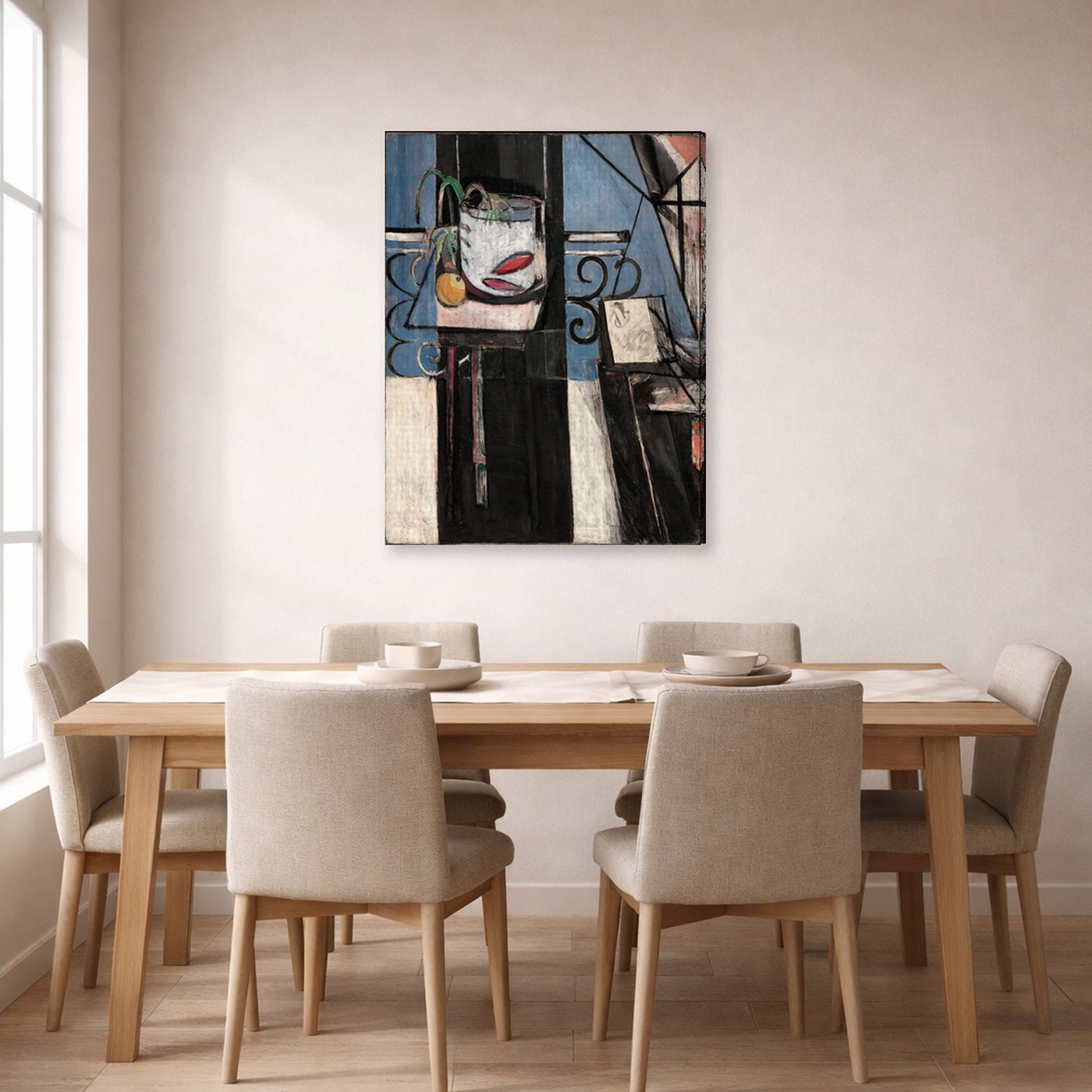Gallery-wrapped canvas print of Henri Matisse's Goldfish and Palette hanging on a dining room wall