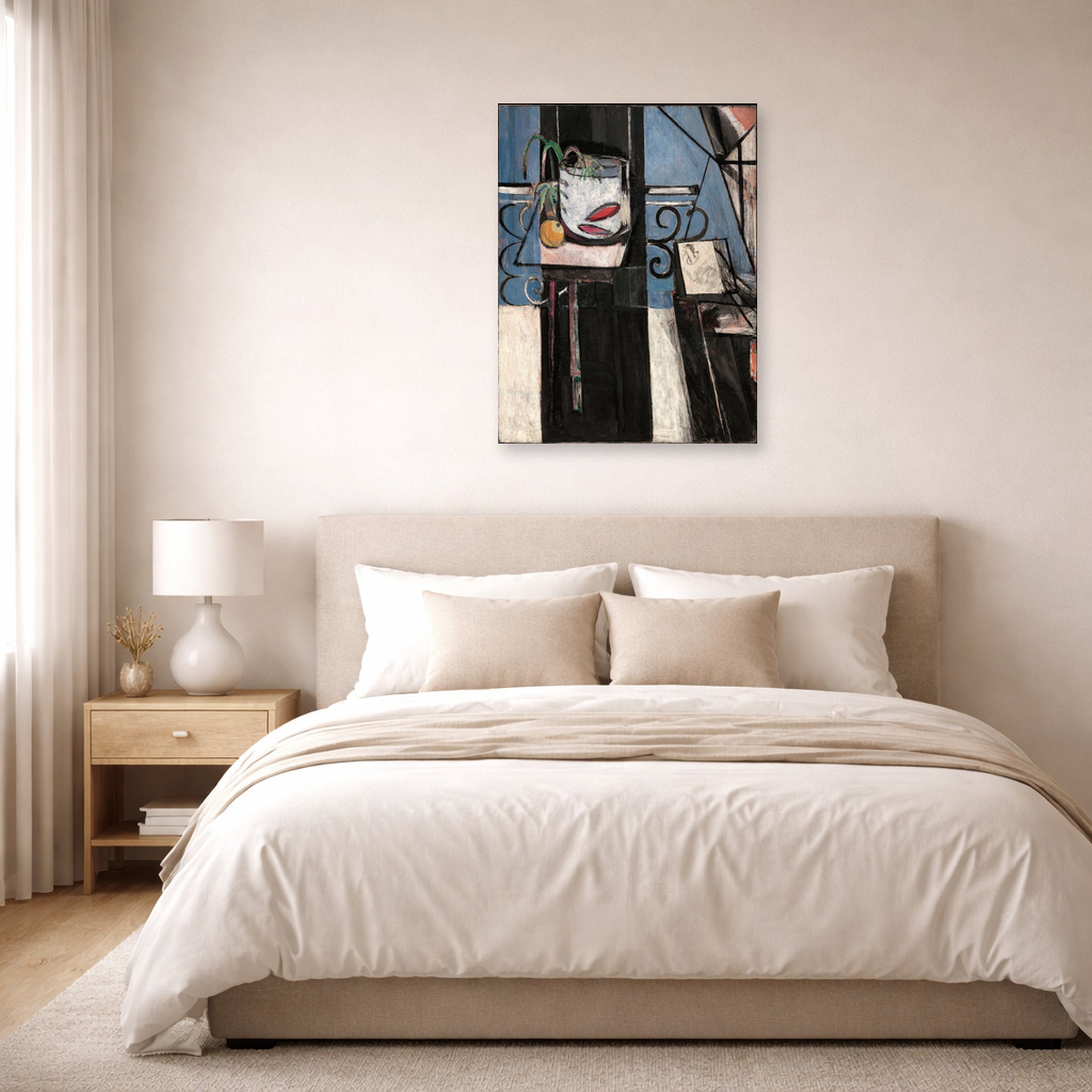 Unframed poster print of Henri Matisse's Goldfish and Palette displayed above a bed in a bedroom