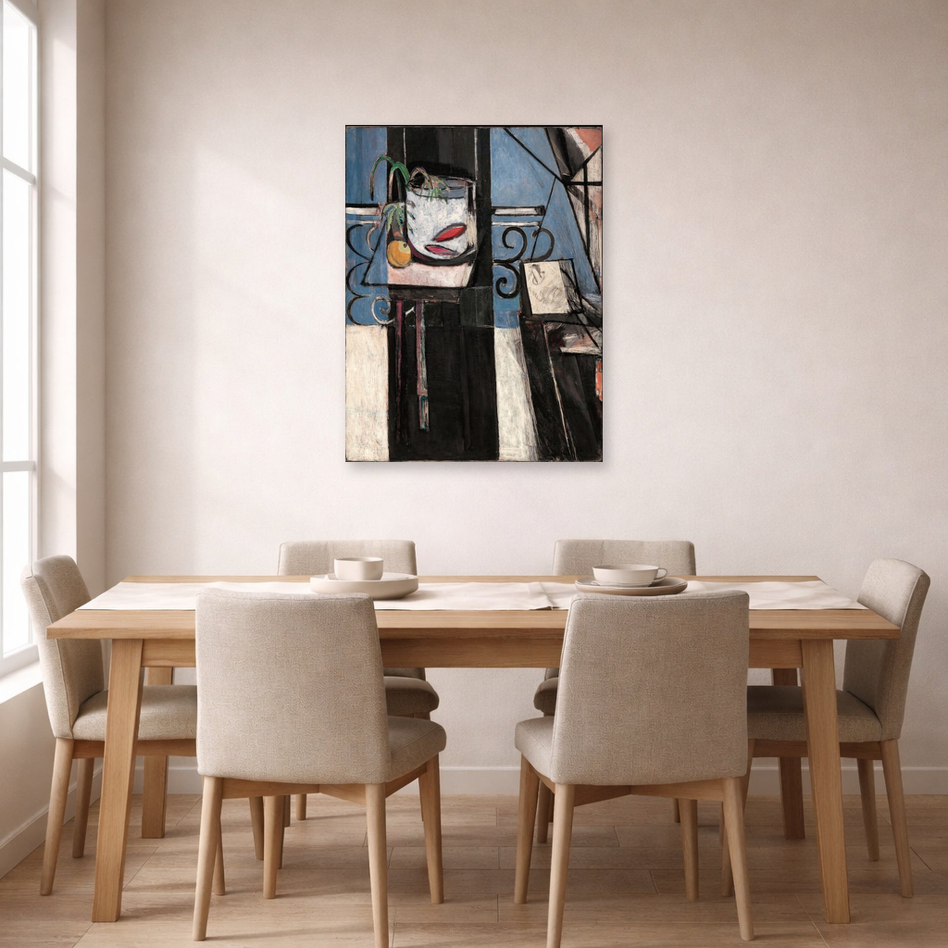 Unframed poster print of Henri Matisse's Goldfish and Palette displayed on a dining room wall