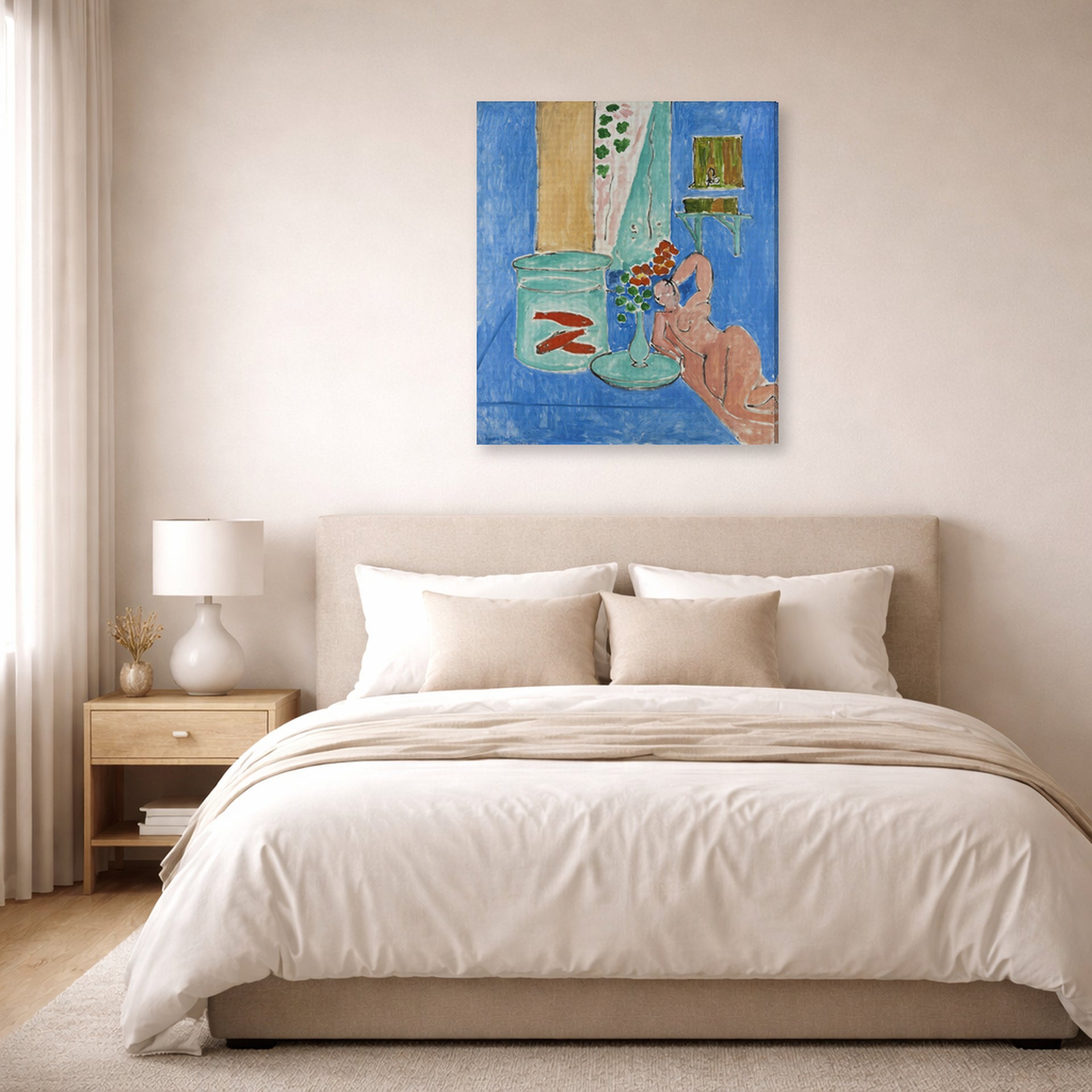 Gallery-wrapped canvas print of Henri Matisse's Goldfish and Sculpture hanging above a bed in a bedroom