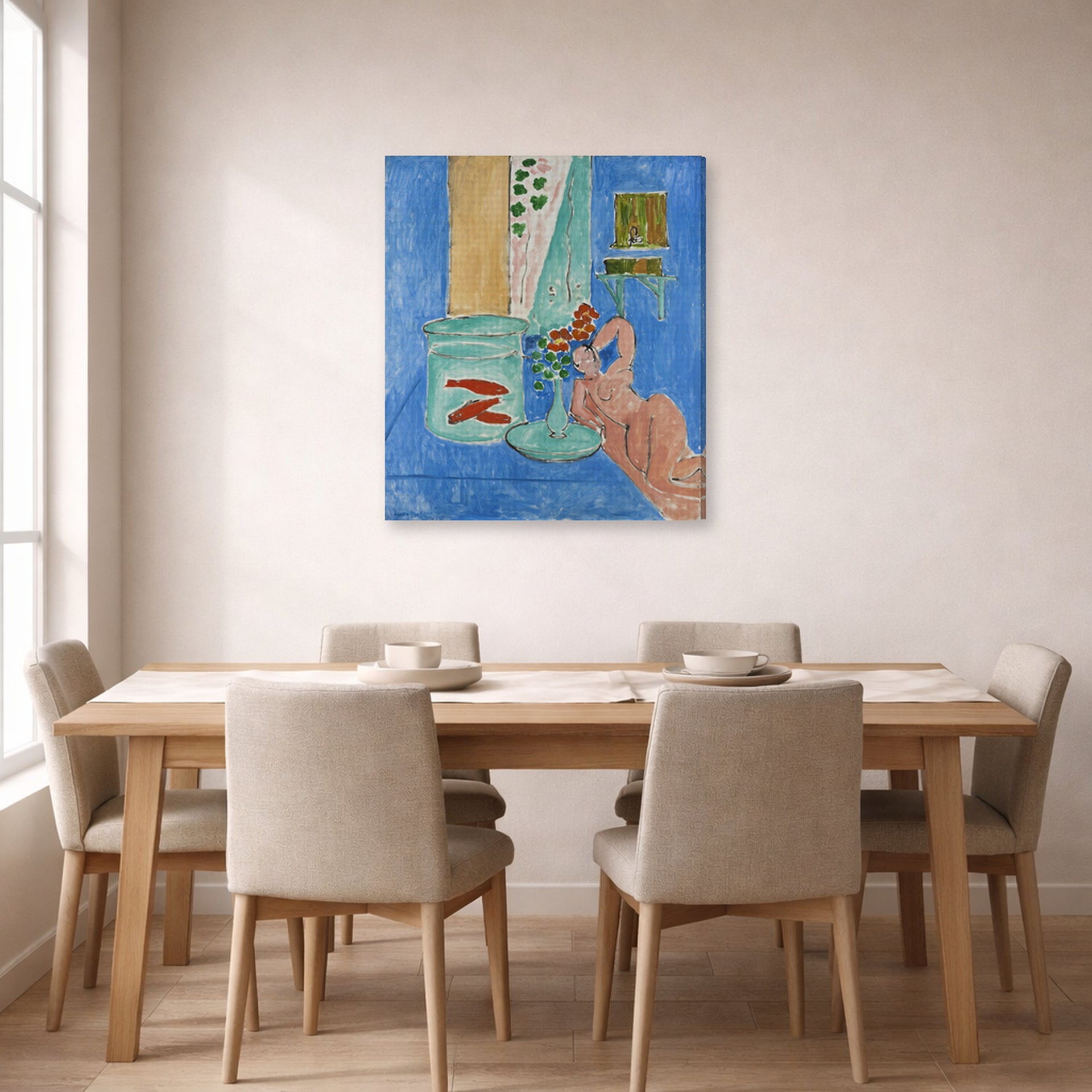 Gallery-wrapped canvas print of Henri Matisse's Goldfish and Sculpture hanging on a dining room wall