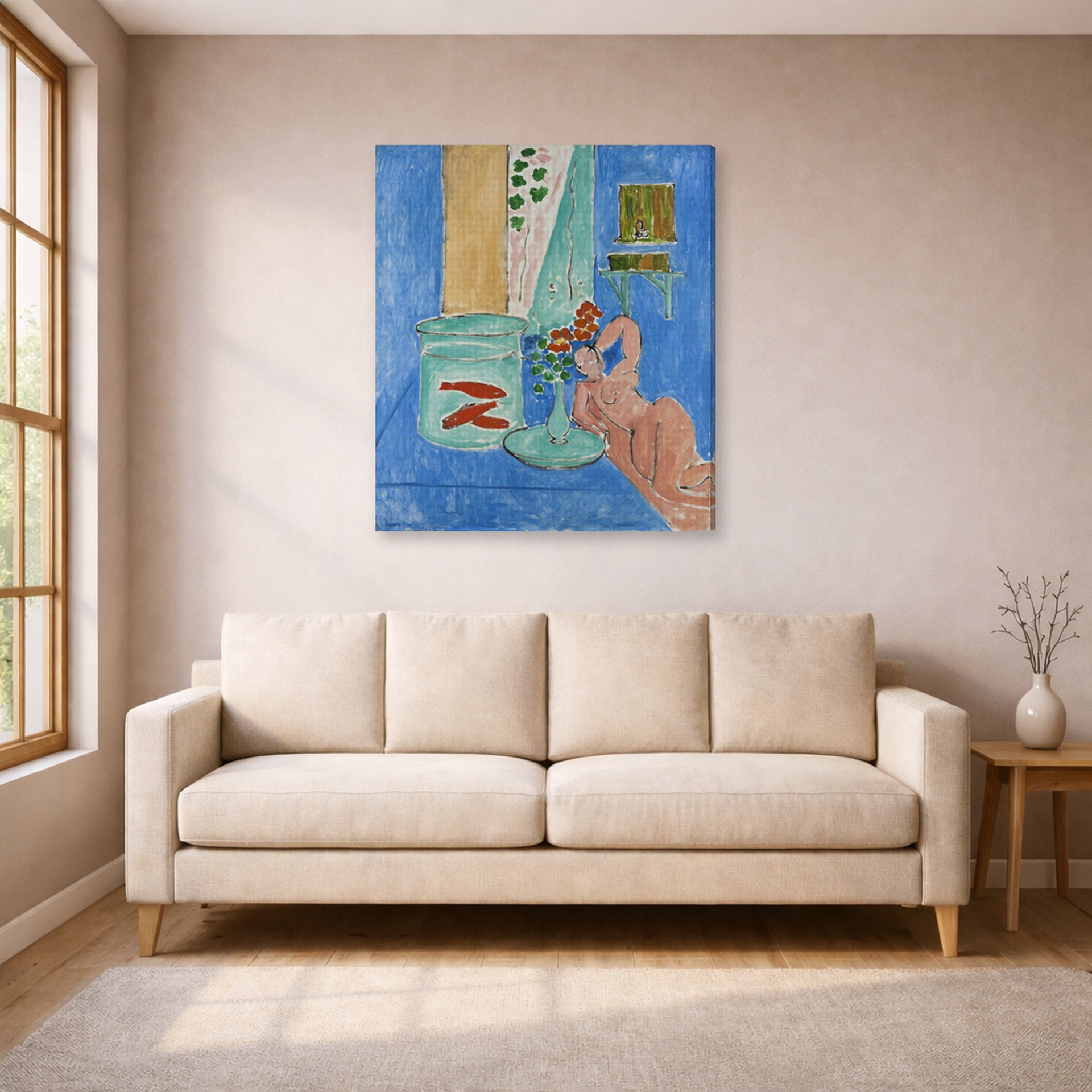 Gallery-wrapped canvas print of Henri Matisse's Goldfish and Sculpture hanging in a living room, view 1