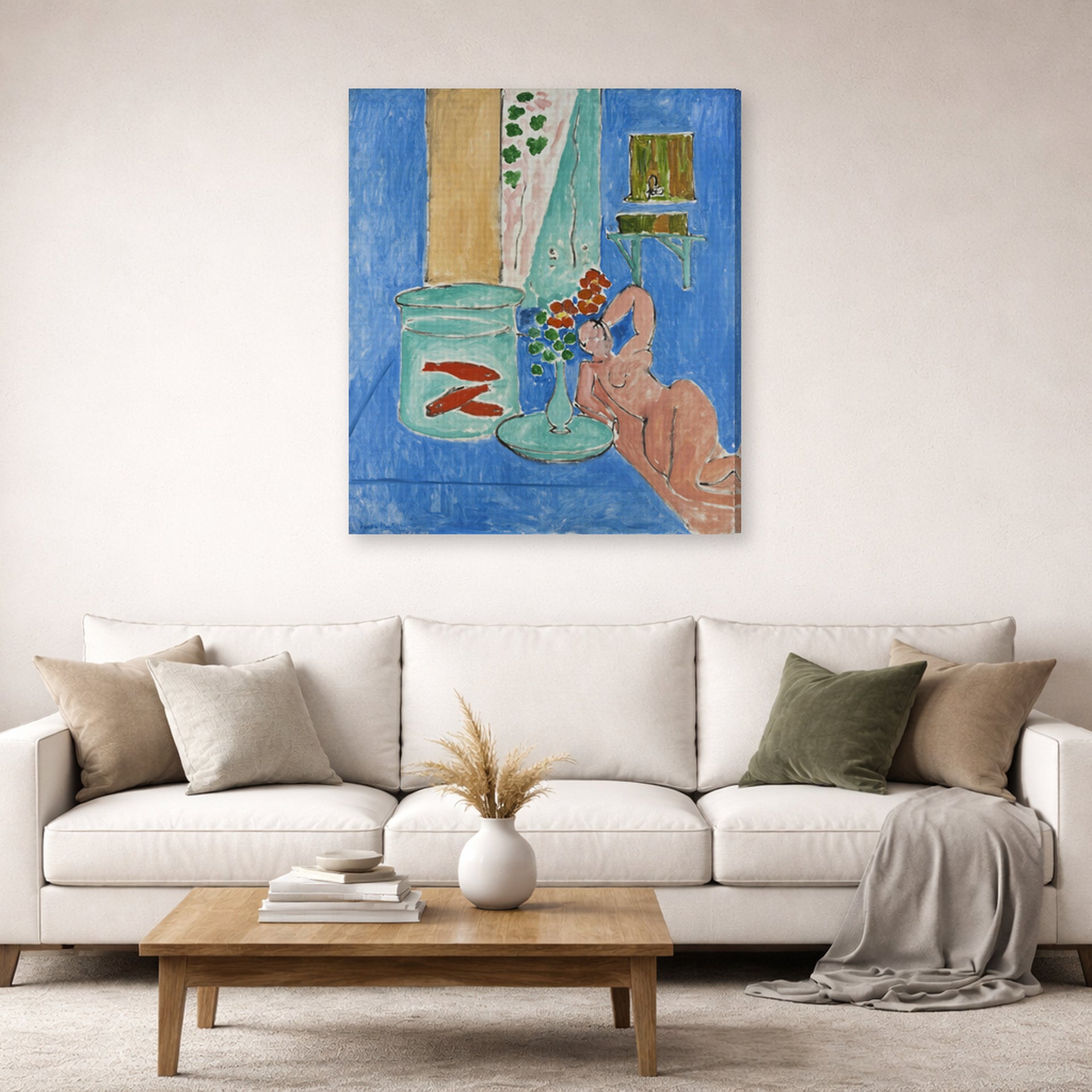 Gallery-wrapped canvas print of Henri Matisse's Goldfish and Sculpture hanging in a living room, view 2