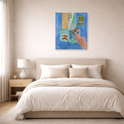 Unframed poster print of Henri Matisse's Goldfish and Sculpture displayed above a bed in a bedroom