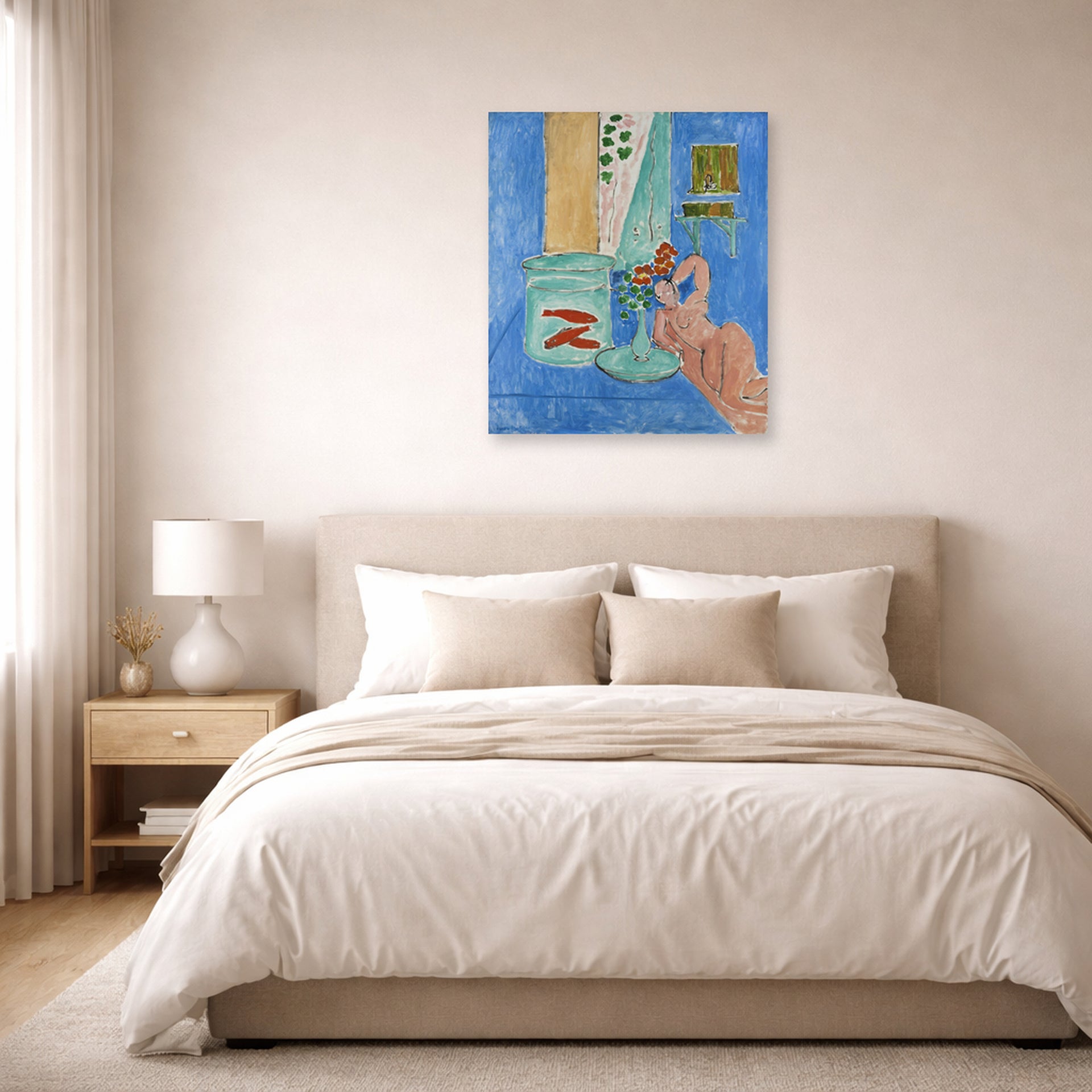 Unframed poster print of Henri Matisse's Goldfish and Sculpture displayed above a bed in a bedroom