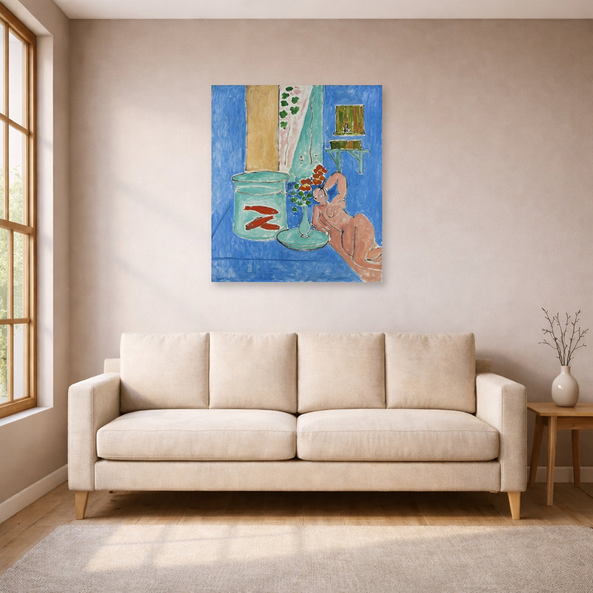 Unframed poster print of Henri Matisse's Goldfish and Sculpture displayed in a living room, view 1