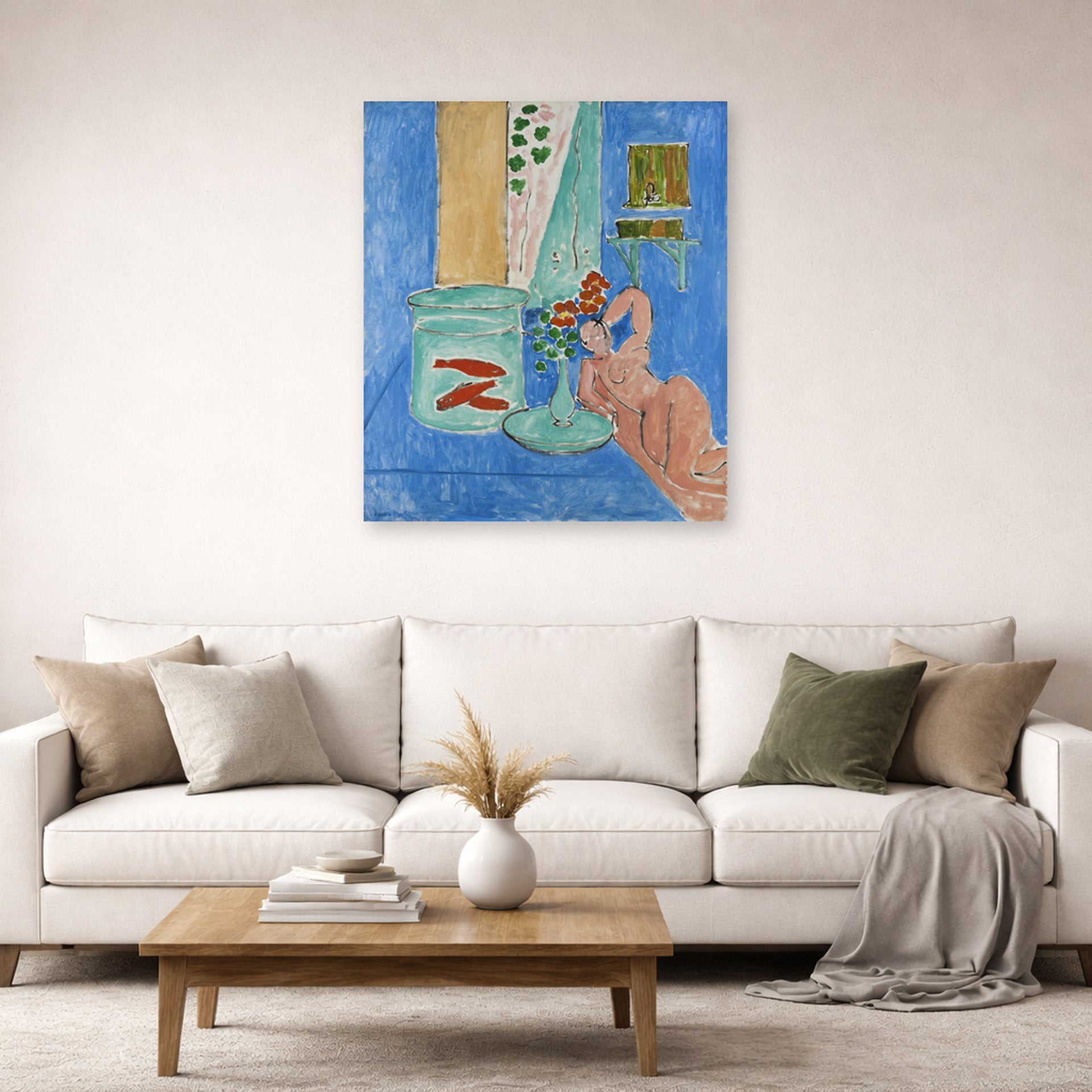 Unframed poster print of Henri Matisse's Goldfish and Sculpture displayed in a living room, view 2