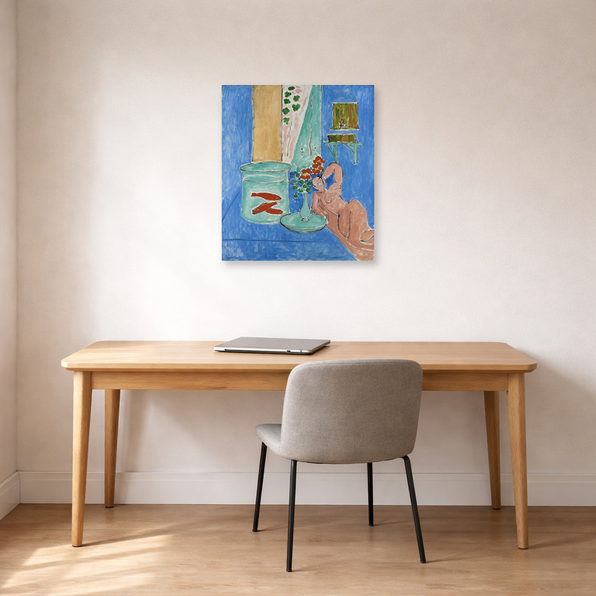 Unframed poster print of Henri Matisse's Goldfish and Sculpture displayed in a home office
