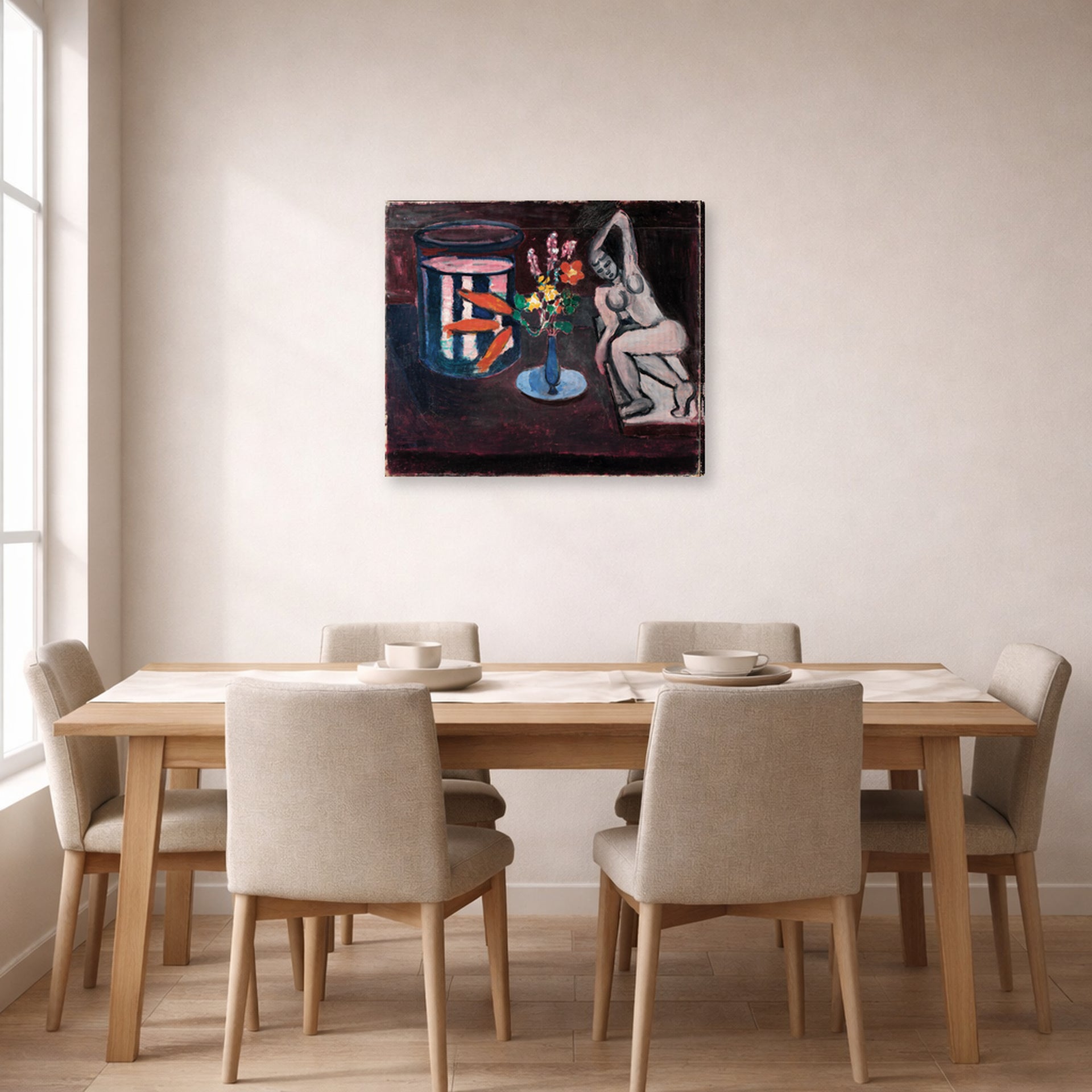 Gallery-wrapped canvas print of Henri Matisse's Goldfish hanging on a dining room wall