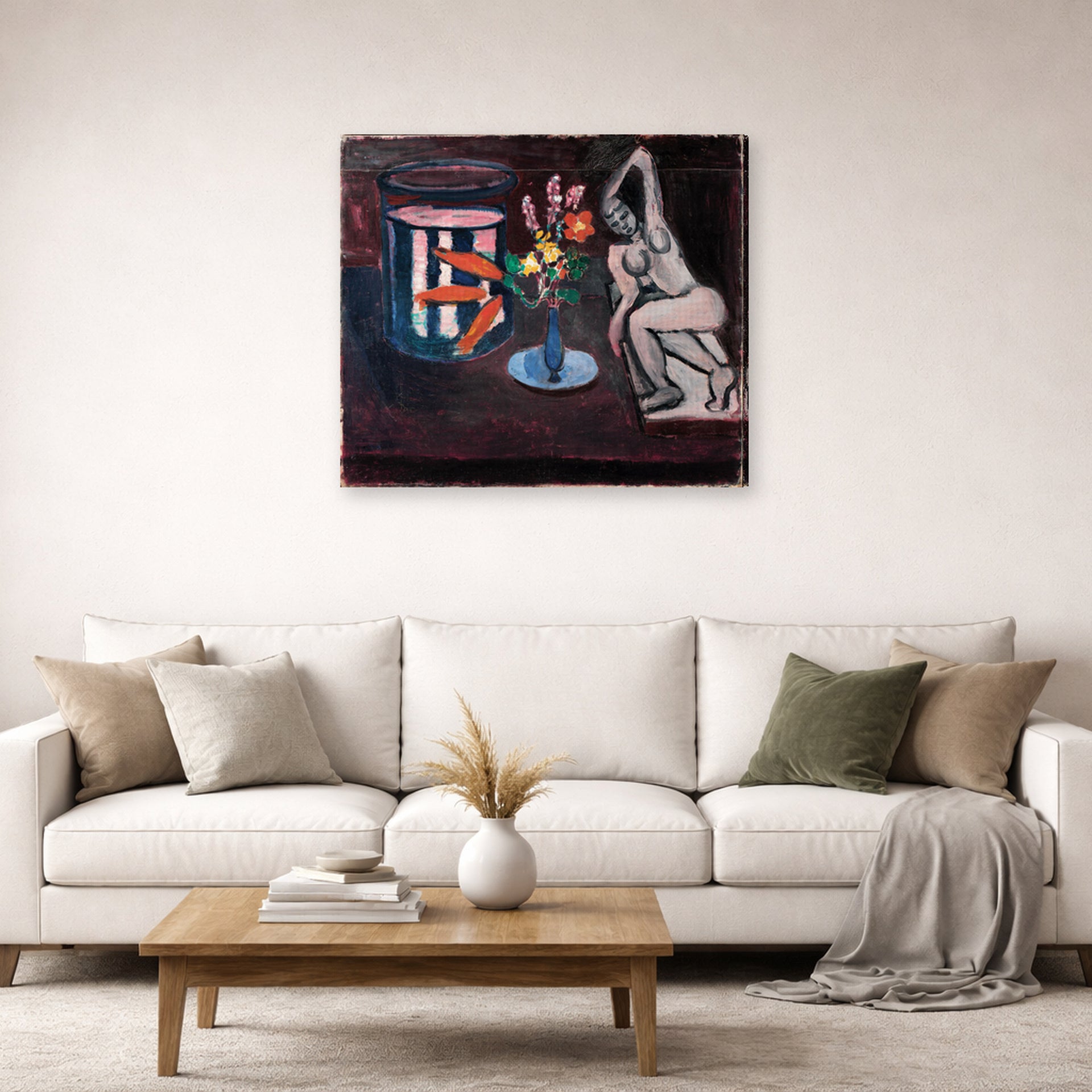 Gallery-wrapped canvas print of Henri Matisse's Goldfish hanging in a living room, view 2