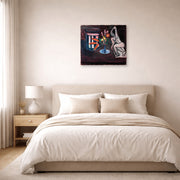 Unframed poster print of Henri Matisse's Goldfish displayed above a bed in a bedroom