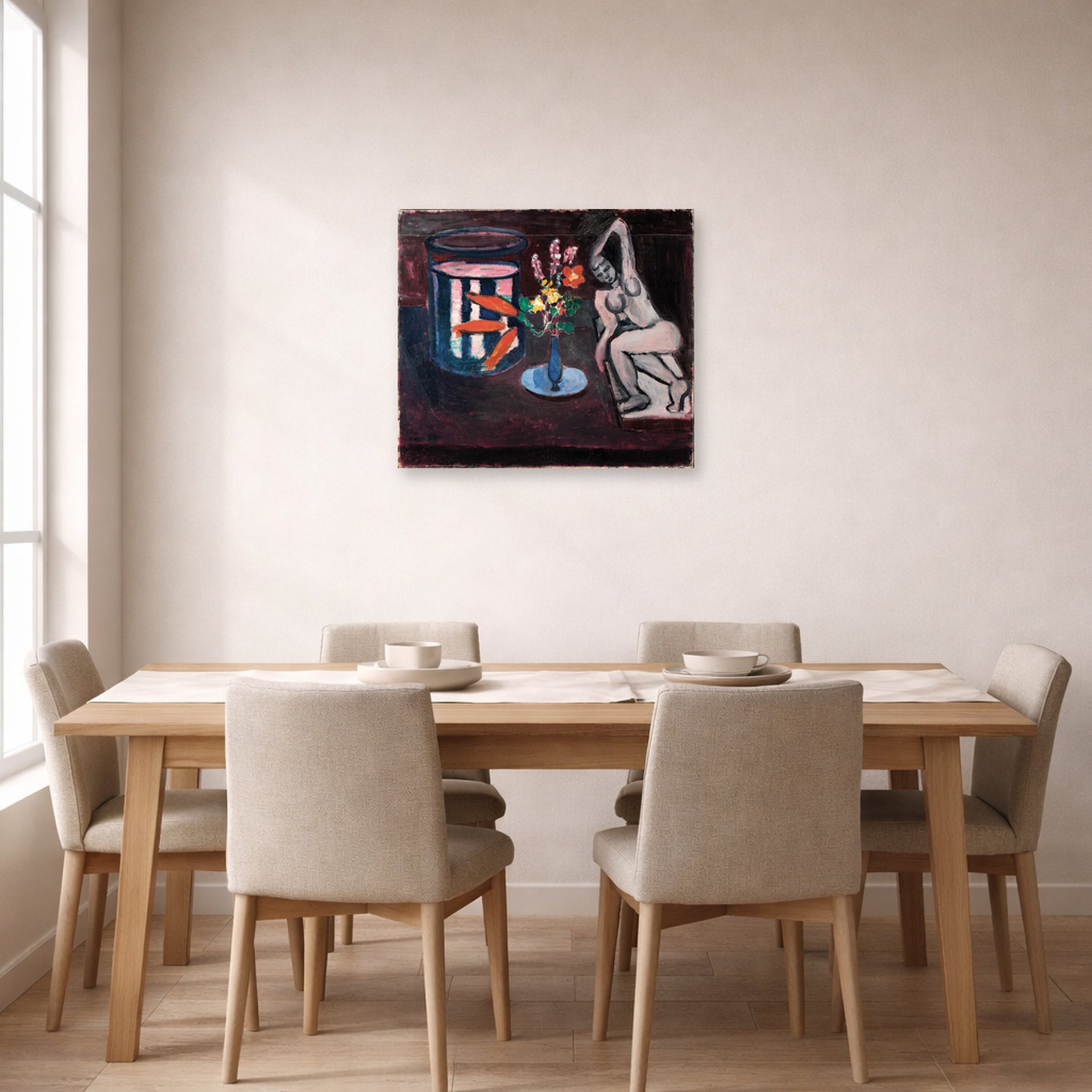 Unframed poster print of Henri Matisse's Goldfish displayed on a dining room wall