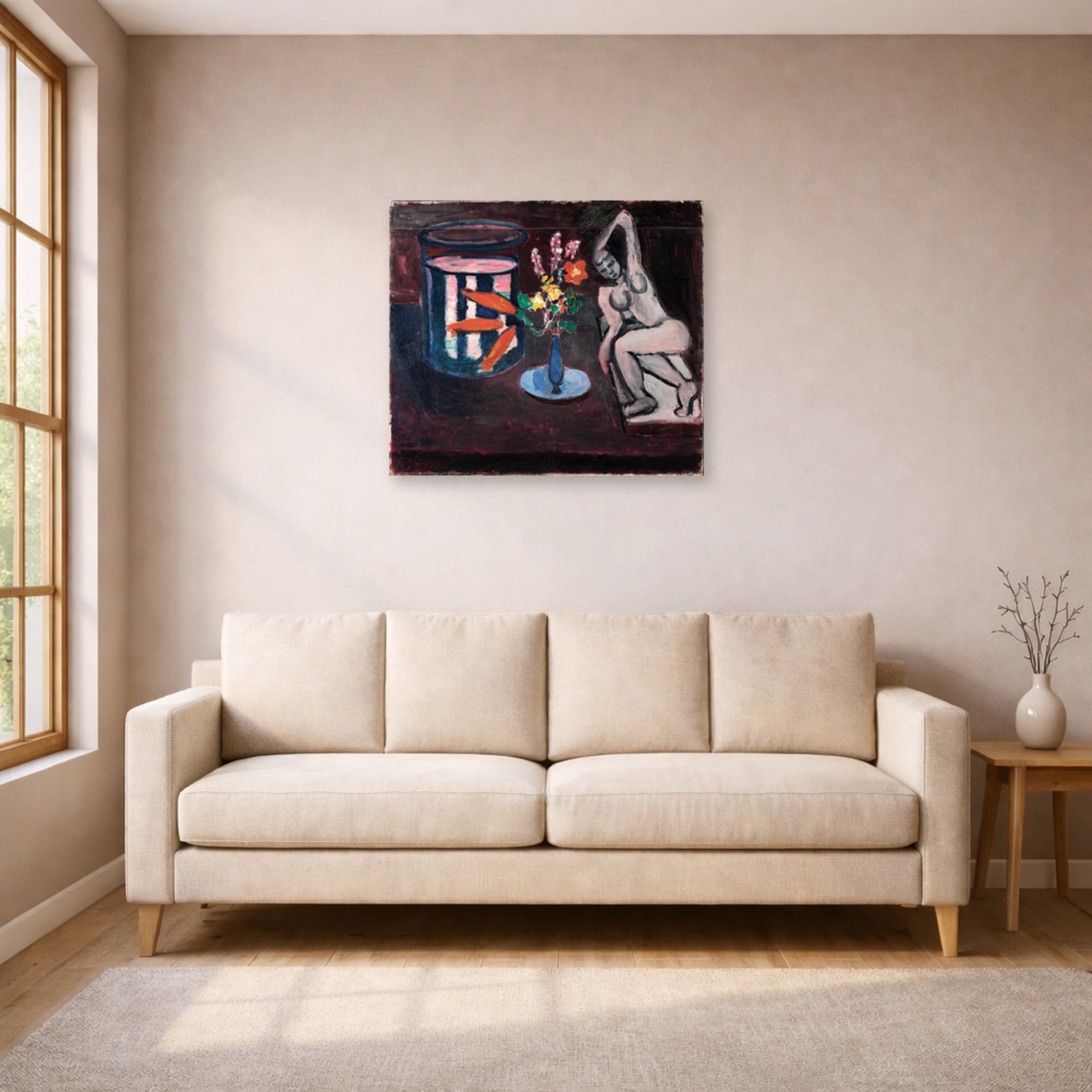 Unframed poster print of Henri Matisse's Goldfish displayed in a living room, view 1