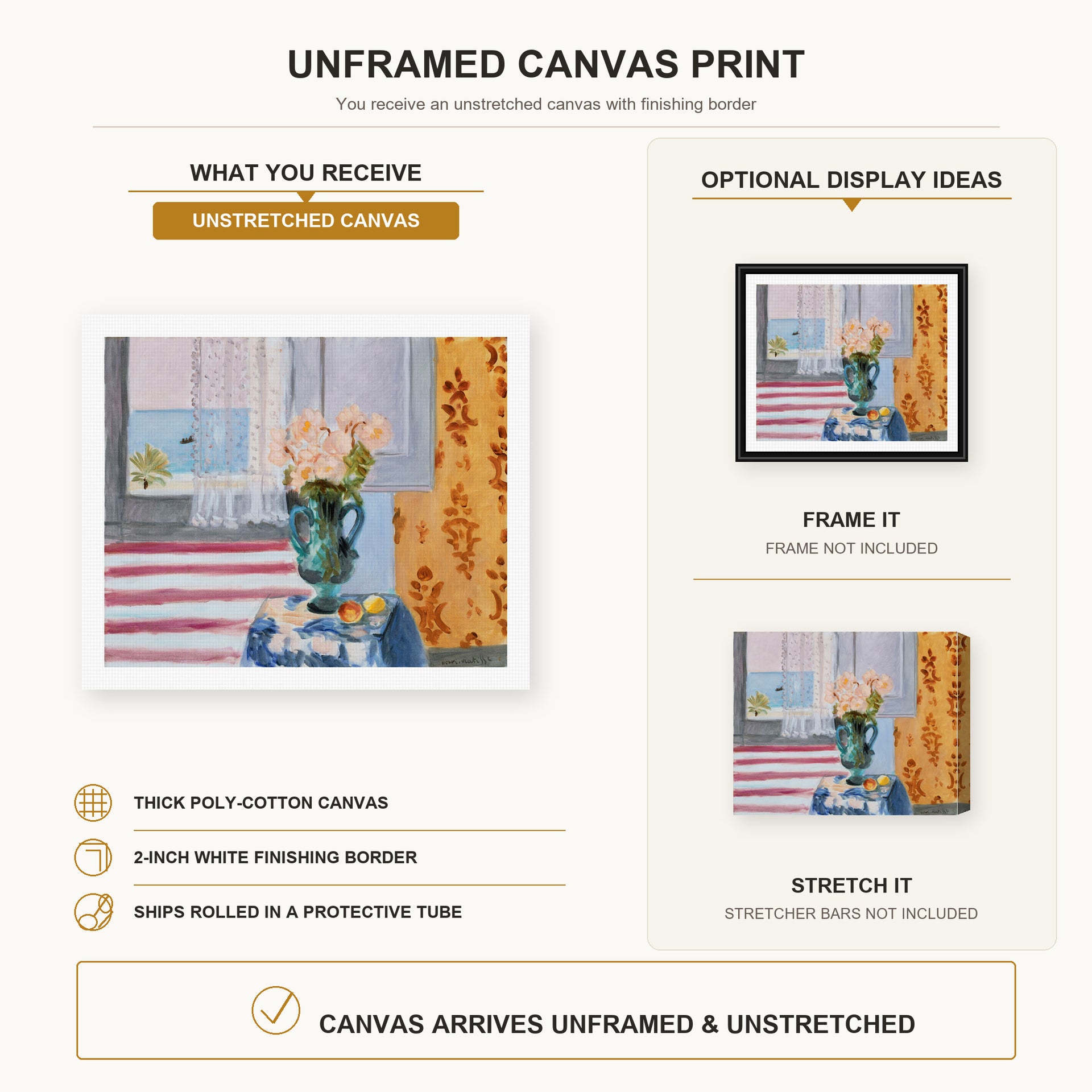 Henri Matisse - Green Vase canvas print size comparison and framing display infographic