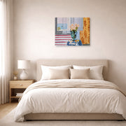 Gallery-wrapped canvas print of Henri Matisse's Green Vase hanging above a bed in a bedroom