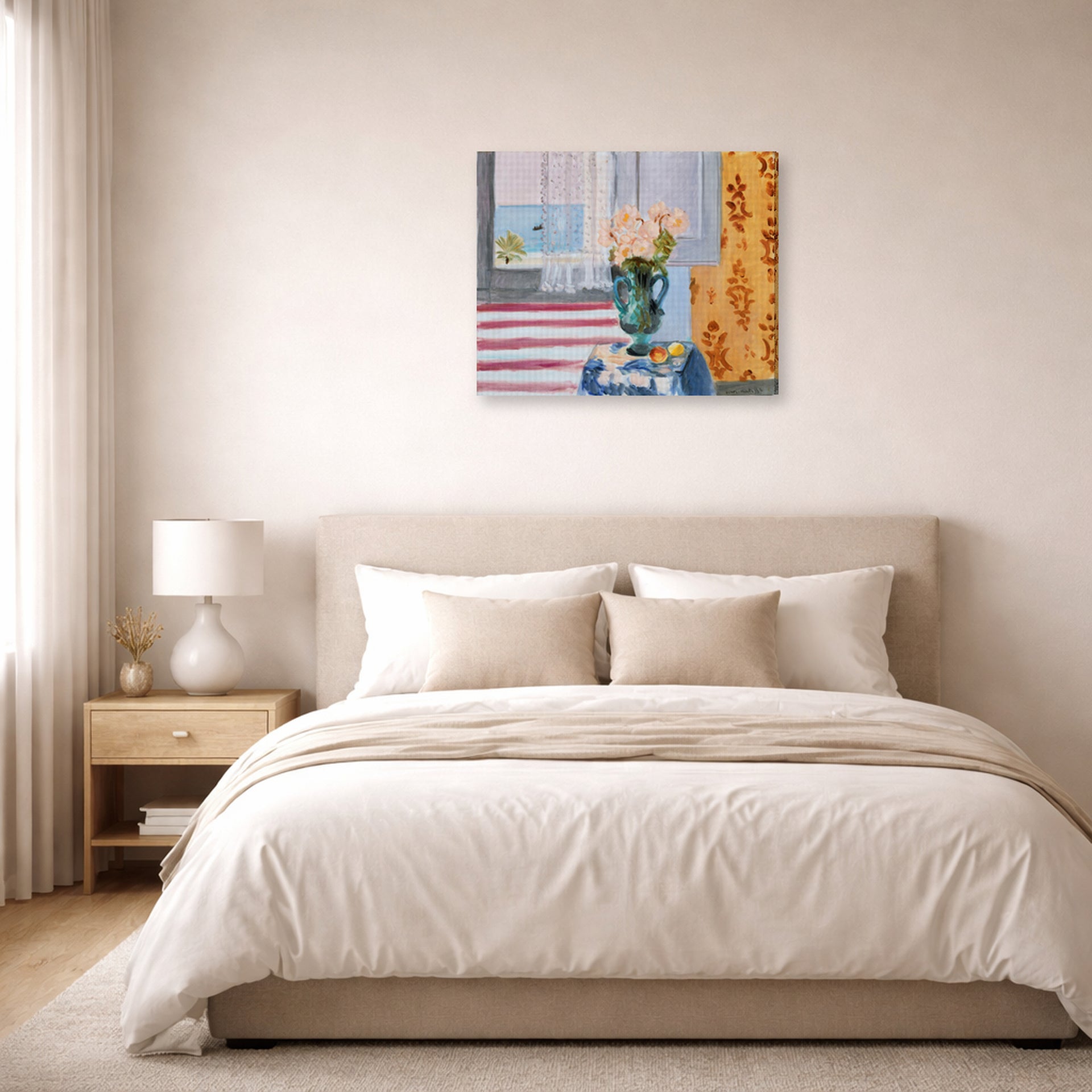 Gallery-wrapped canvas print of Henri Matisse's Green Vase hanging above a bed in a bedroom