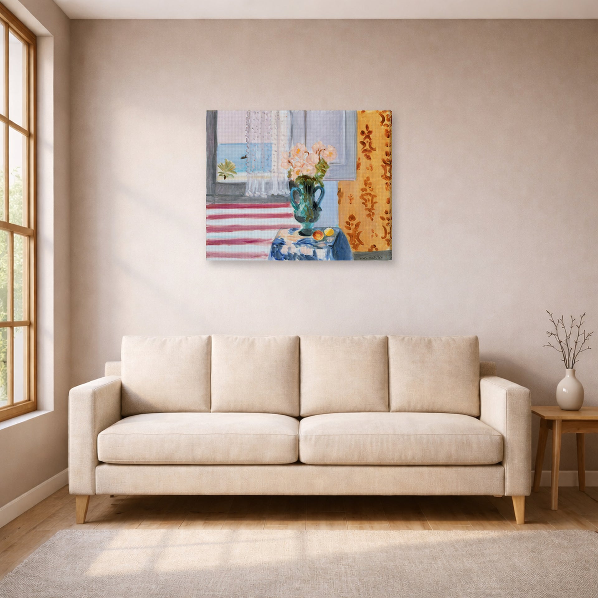 Gallery-wrapped canvas print of Henri Matisse's Green Vase hanging in a living room, view 1