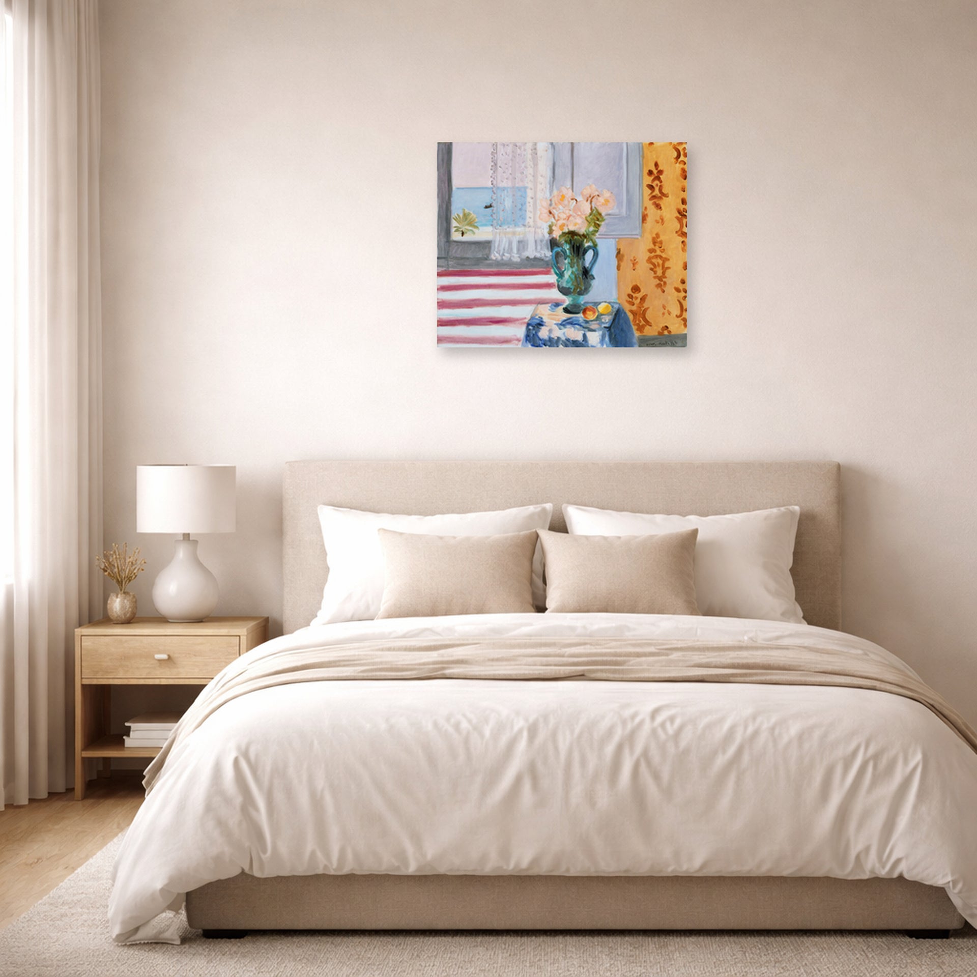 Unframed poster print of Henri Matisse's Green Vase displayed above a bed in a bedroom