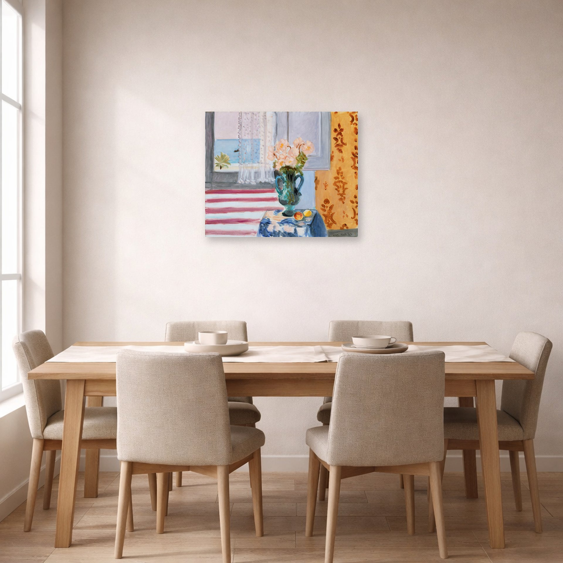 Unframed poster print of Henri Matisse's Green Vase displayed on a dining room wall