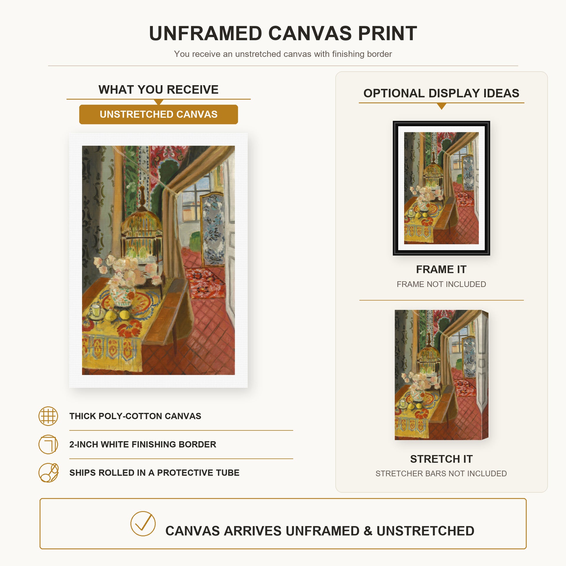 Henri Matisse - Interior, Flowers and Parakeets canvas print size comparison and framing display infographic