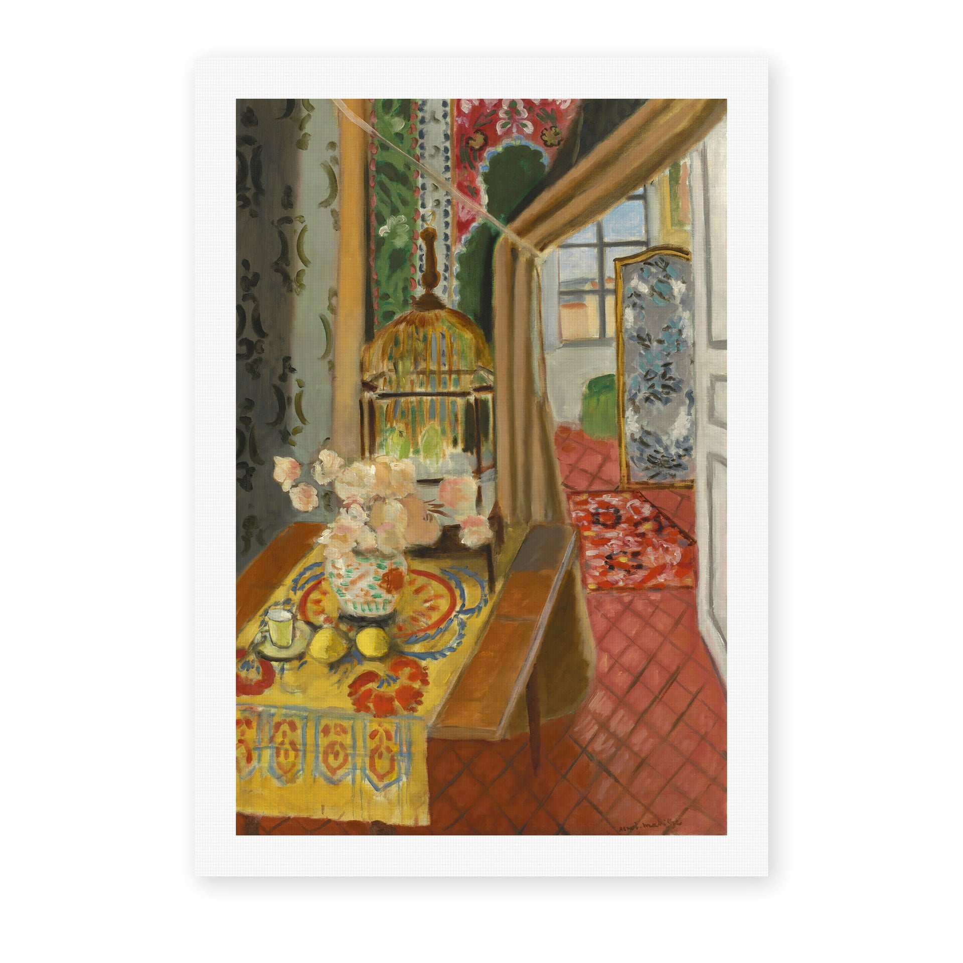 Henri Matisse's Interior, Flowers and Parakeets painting reproduced as a rolled canvas print