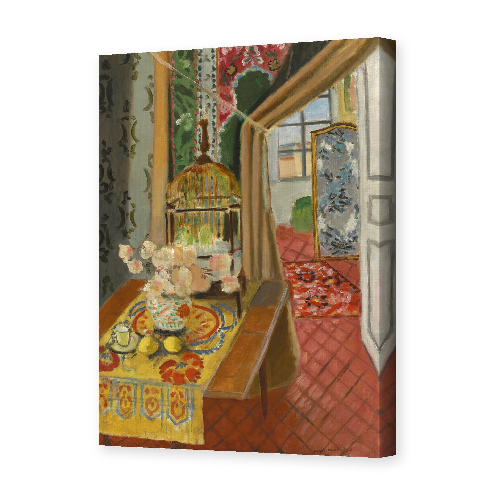 Henri Matisse's Interior, Flowers and Parakeets painting reproduced as a gallery-wrapped canvas print
