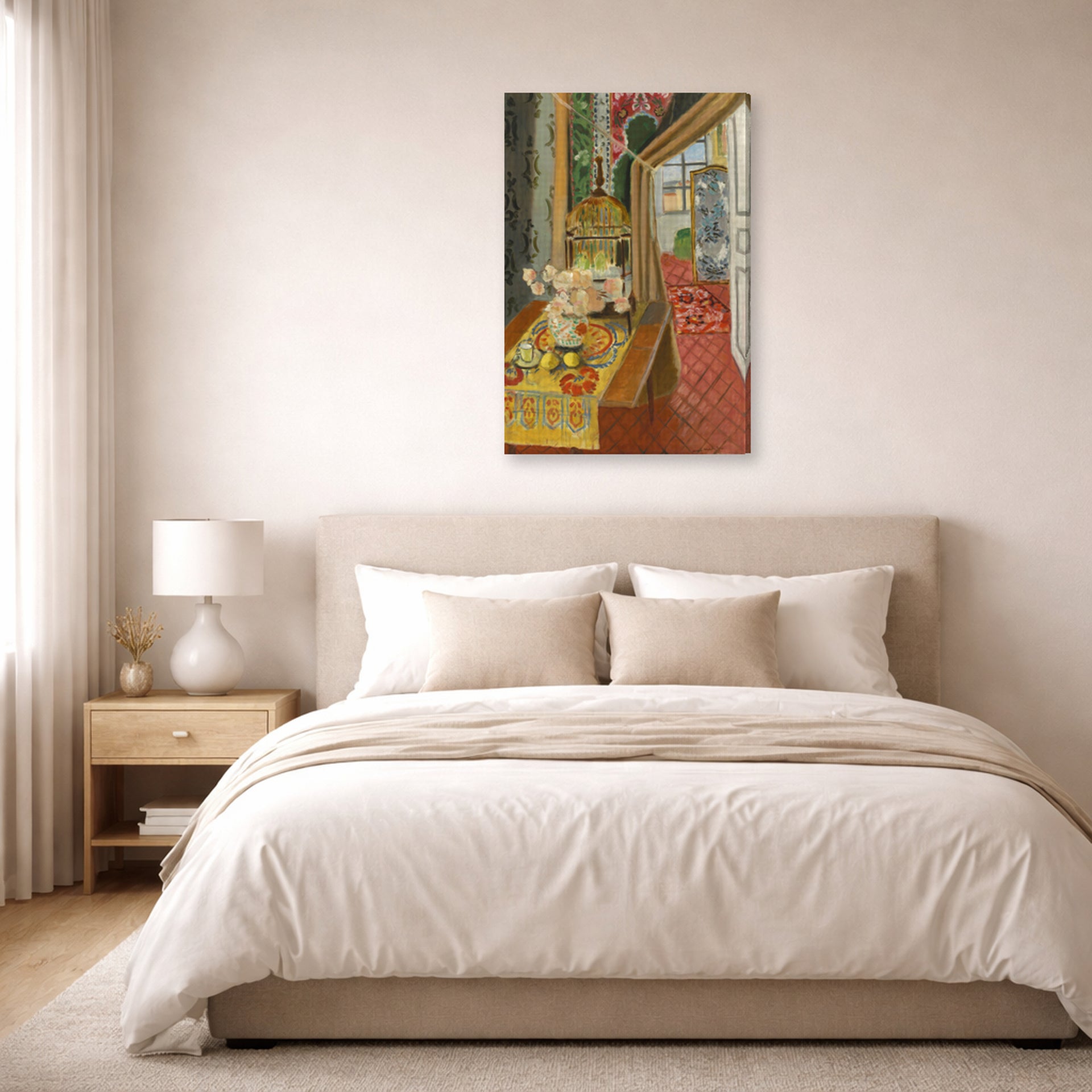 Gallery-wrapped canvas print of Henri Matisse's Interior, Flowers and Parakeets hanging above a bed in a bedroom