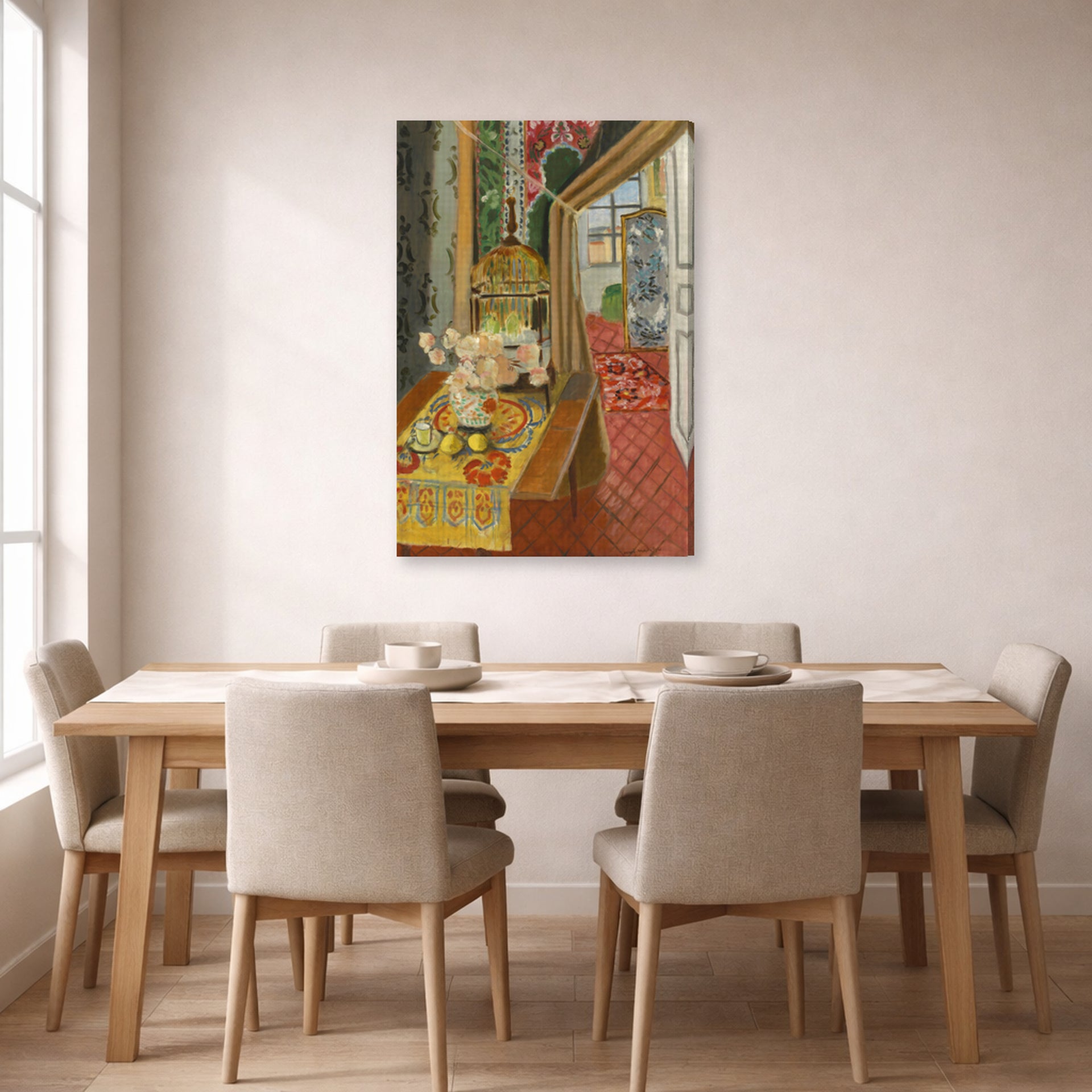 Gallery-wrapped canvas print of Henri Matisse's Interior, Flowers and Parakeets hanging on a dining room wall