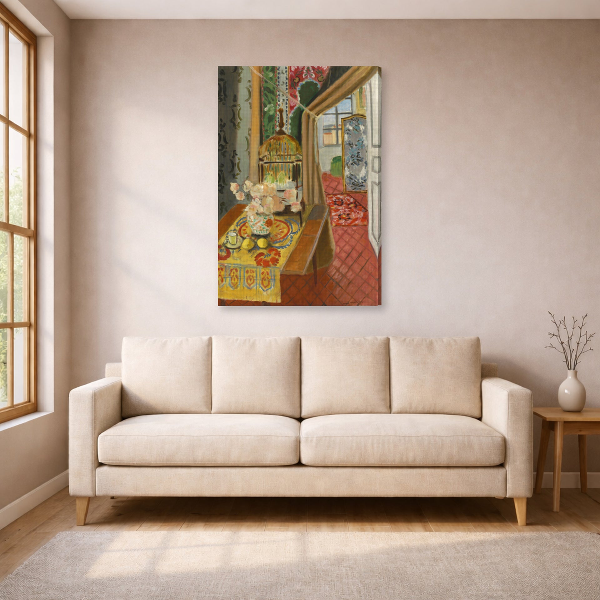 Gallery-wrapped canvas print of Henri Matisse's Interior, Flowers and Parakeets hanging in a living room, view 1