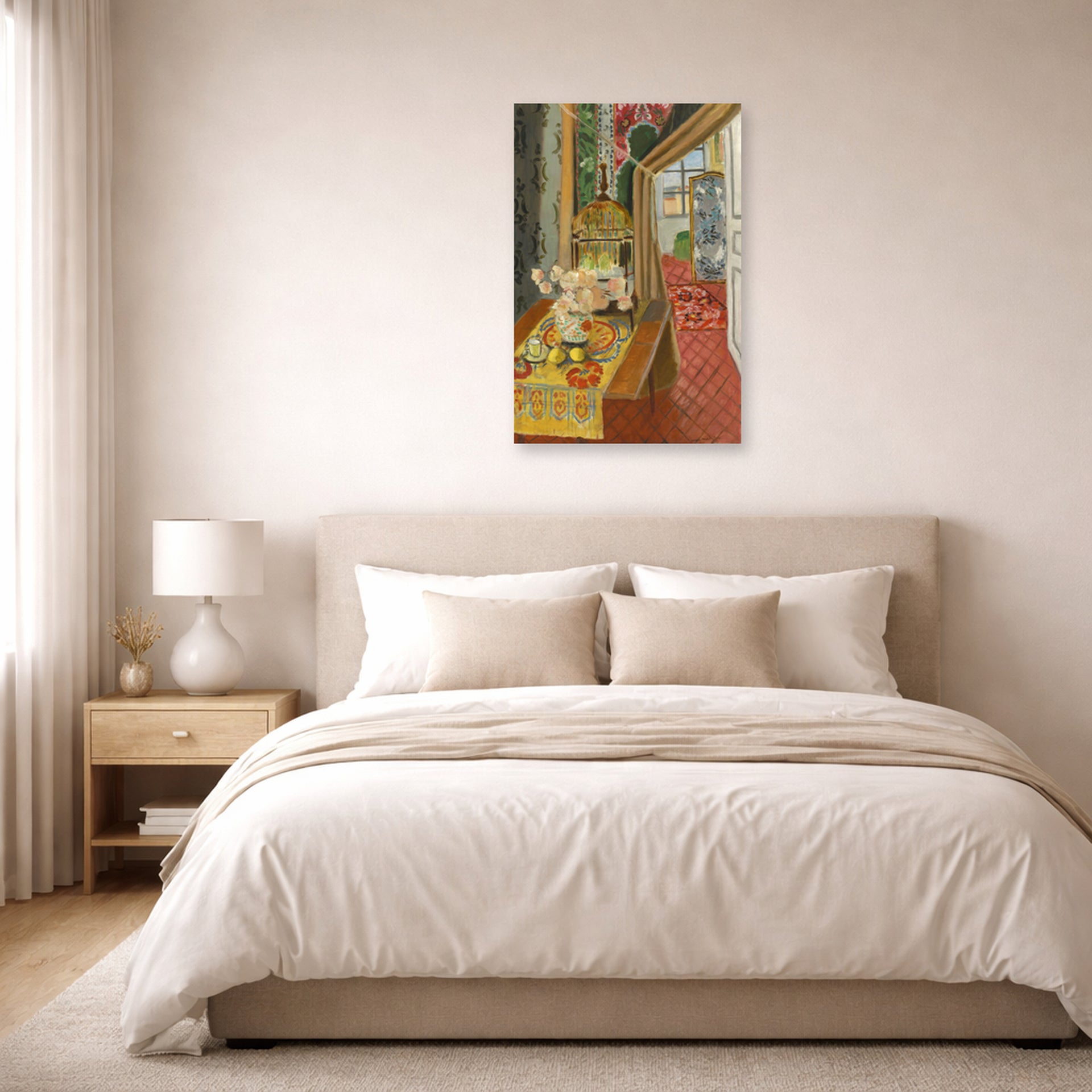 Unframed poster print of Henri Matisse's Interior, Flowers and Parakeets displayed above a bed in a bedroom