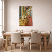 Unframed poster print of Henri Matisse's Interior, Flowers and Parakeets displayed on a dining room wall