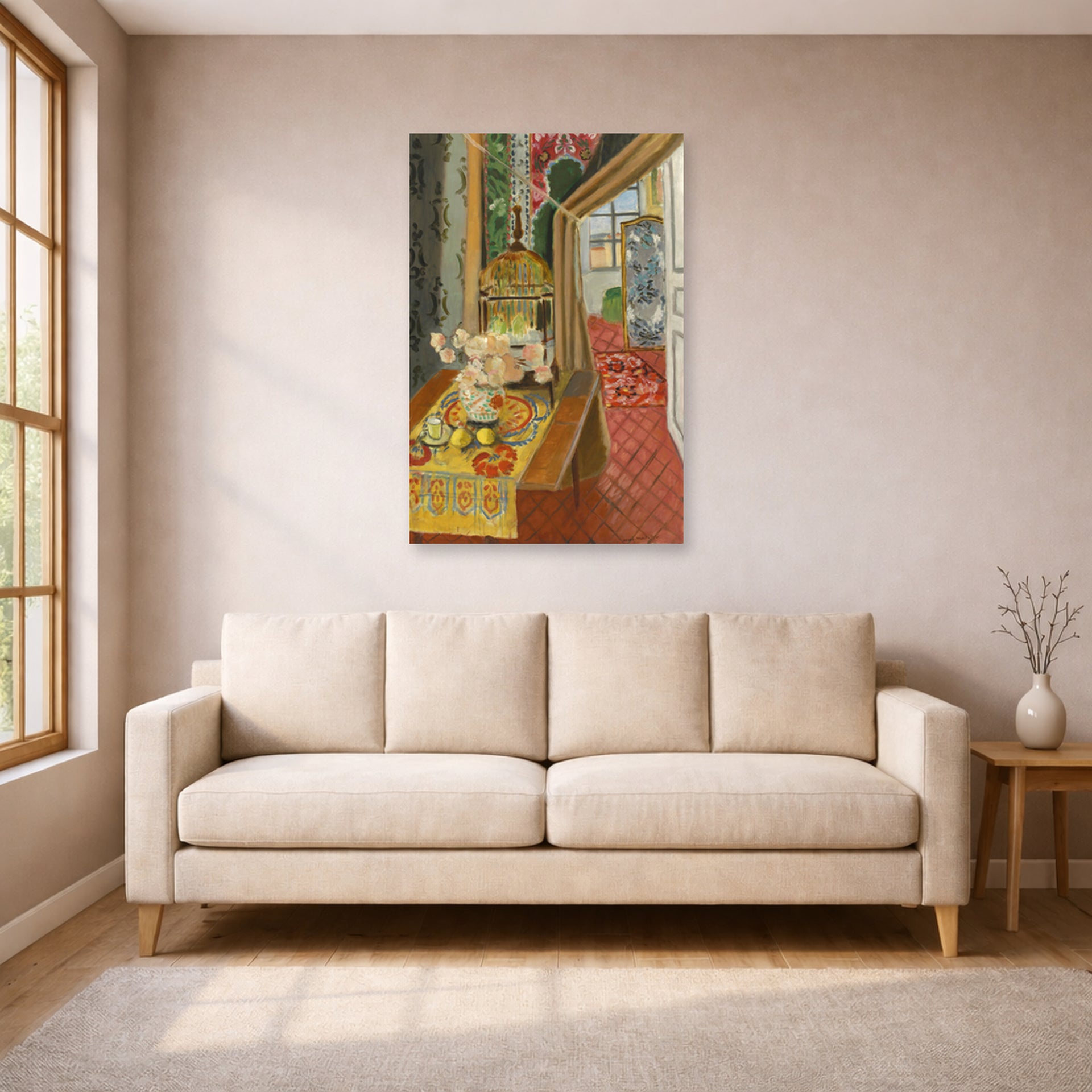 Unframed poster print of Henri Matisse's Interior, Flowers and Parakeets displayed in a living room, view 1
