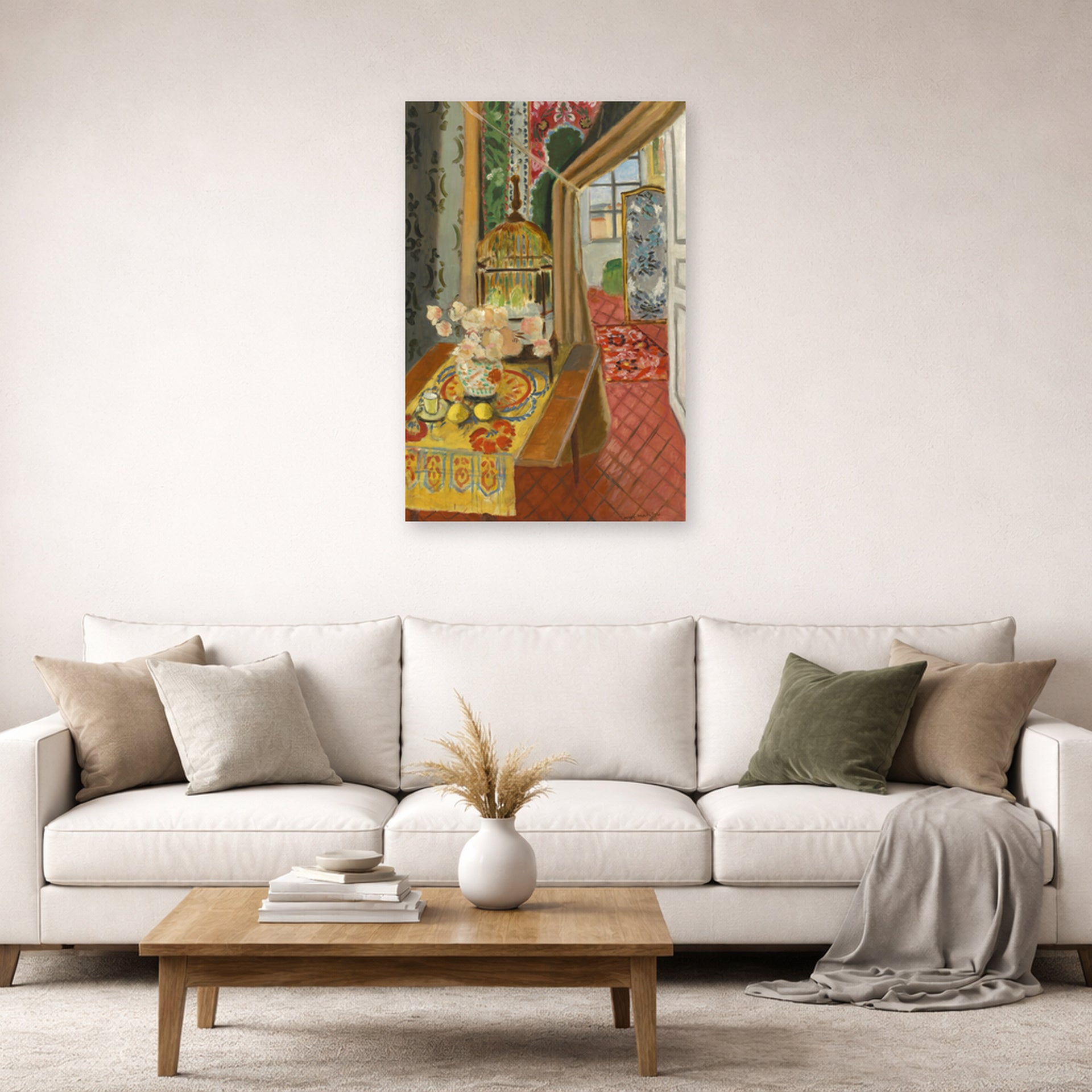 Unframed poster print of Henri Matisse's Interior, Flowers and Parakeets displayed in a living room, view 2