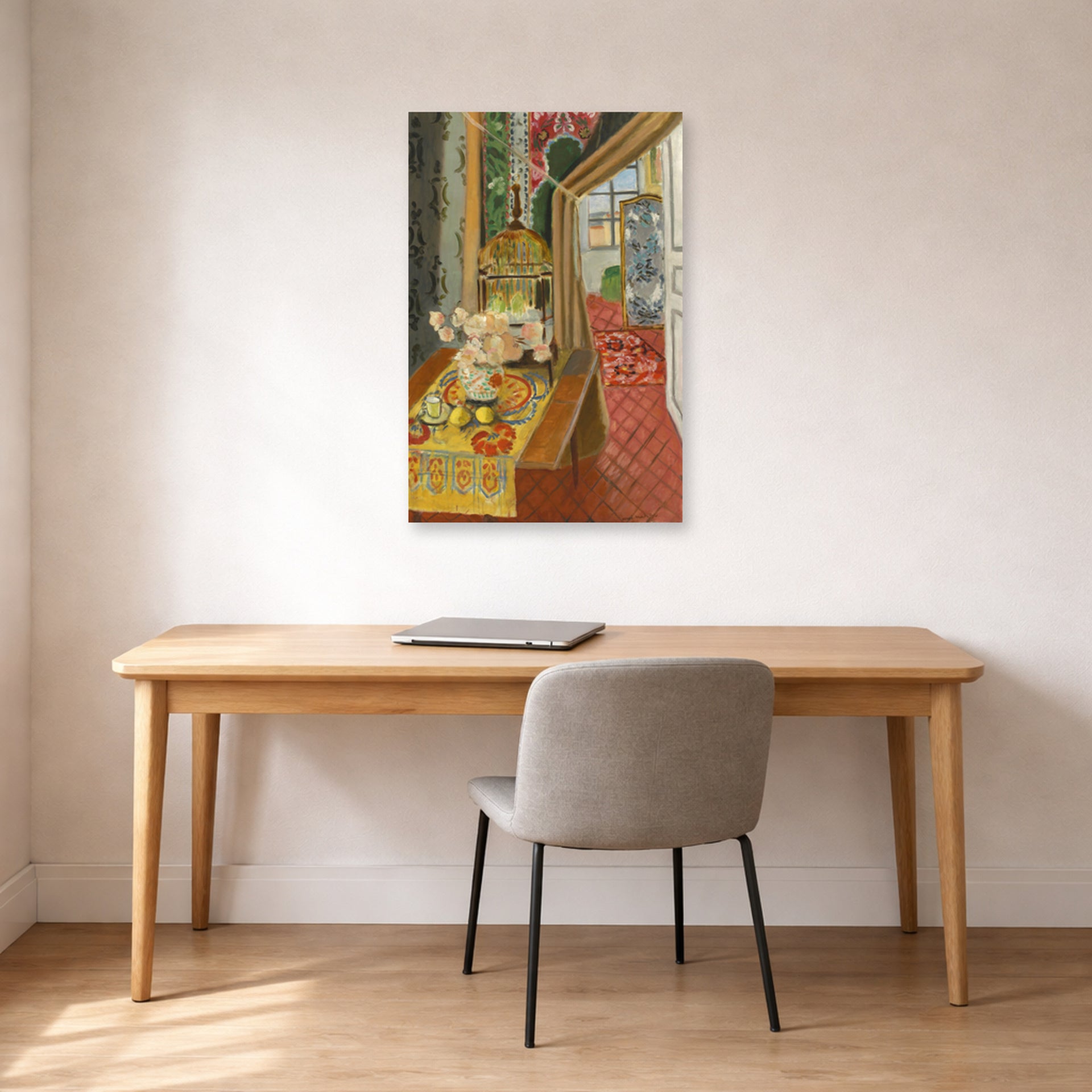 Unframed poster print of Henri Matisse's Interior, Flowers and Parakeets displayed in a home office