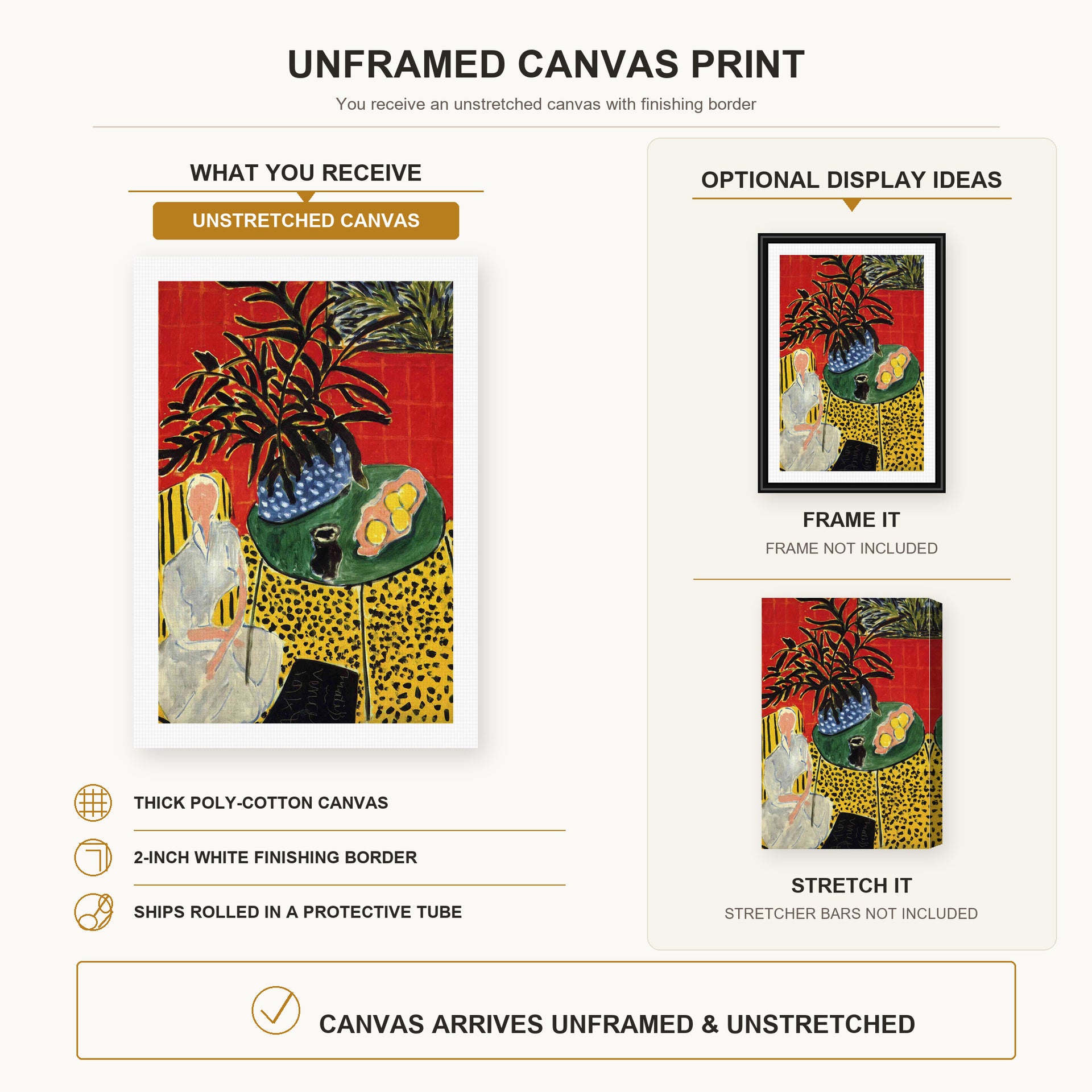 Henri Matisse - Interior with Black Fern canvas print size comparison and framing display infographic