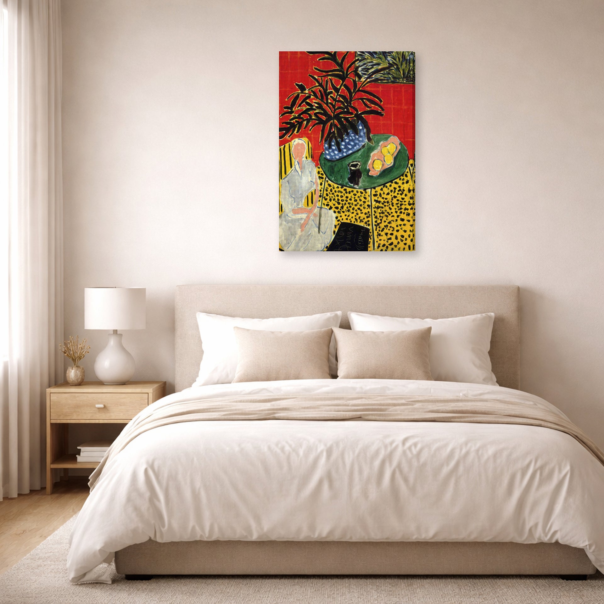 Gallery-wrapped canvas print of Henri Matisse's Interior with Black Fern hanging above a bed in a bedroom