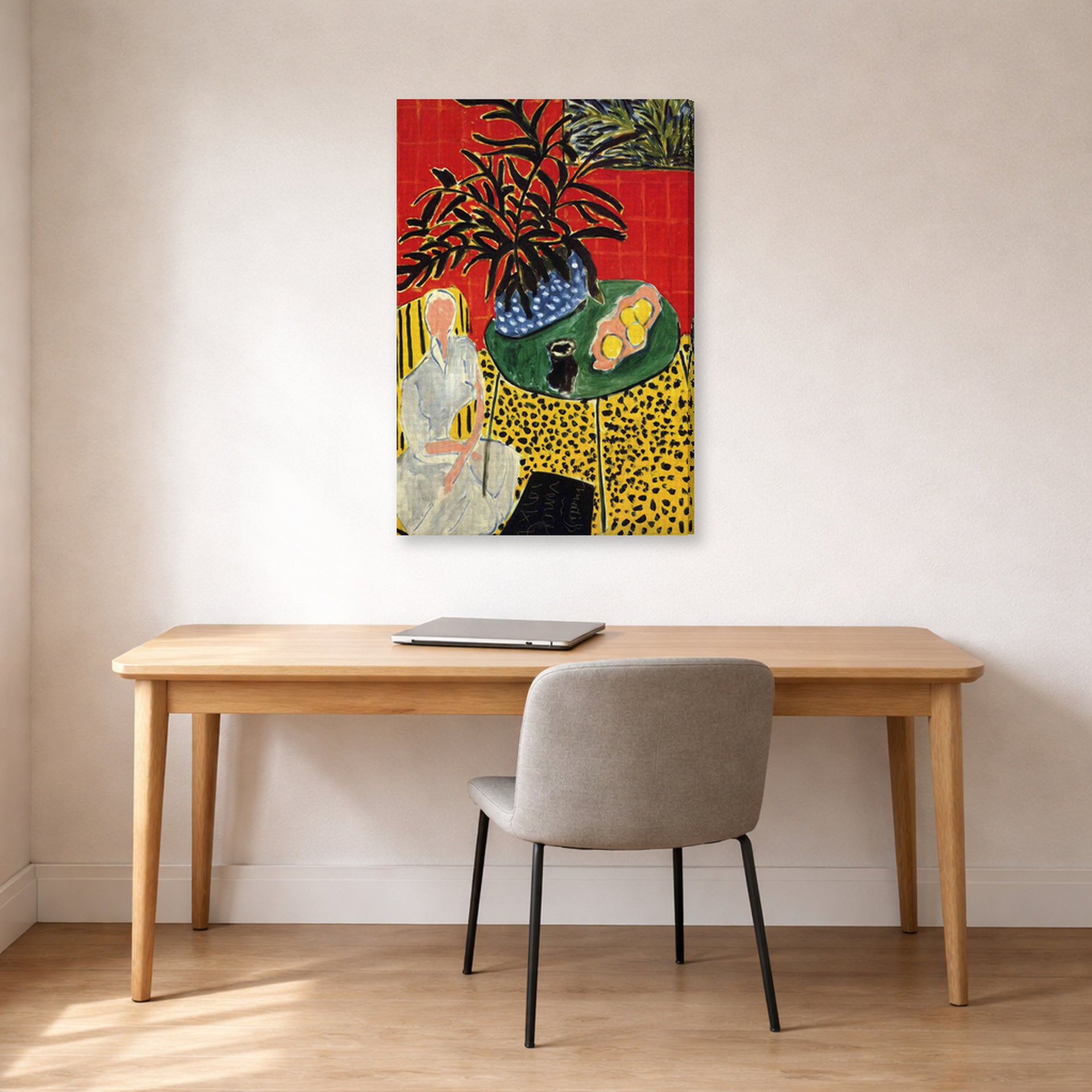 Gallery-wrapped canvas print of Henri Matisse's Interior with Black Fern hanging in a home office