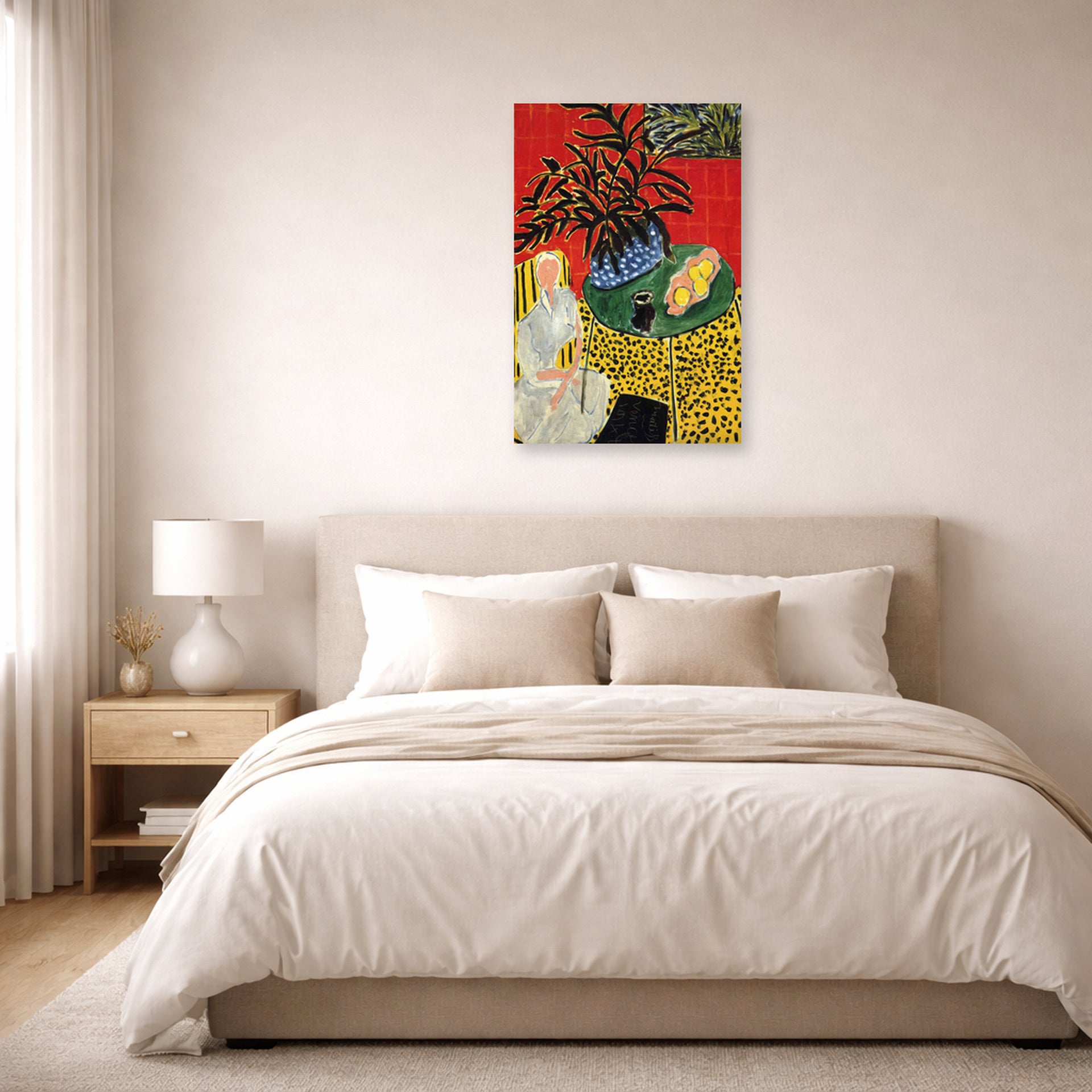 Unframed poster print of Henri Matisse's Interior with Black Fern displayed above a bed in a bedroom