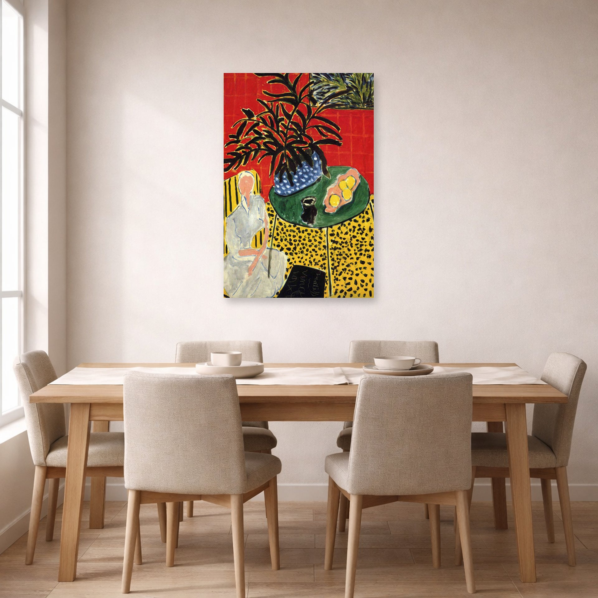 Unframed poster print of Henri Matisse's Interior with Black Fern displayed on a dining room wall