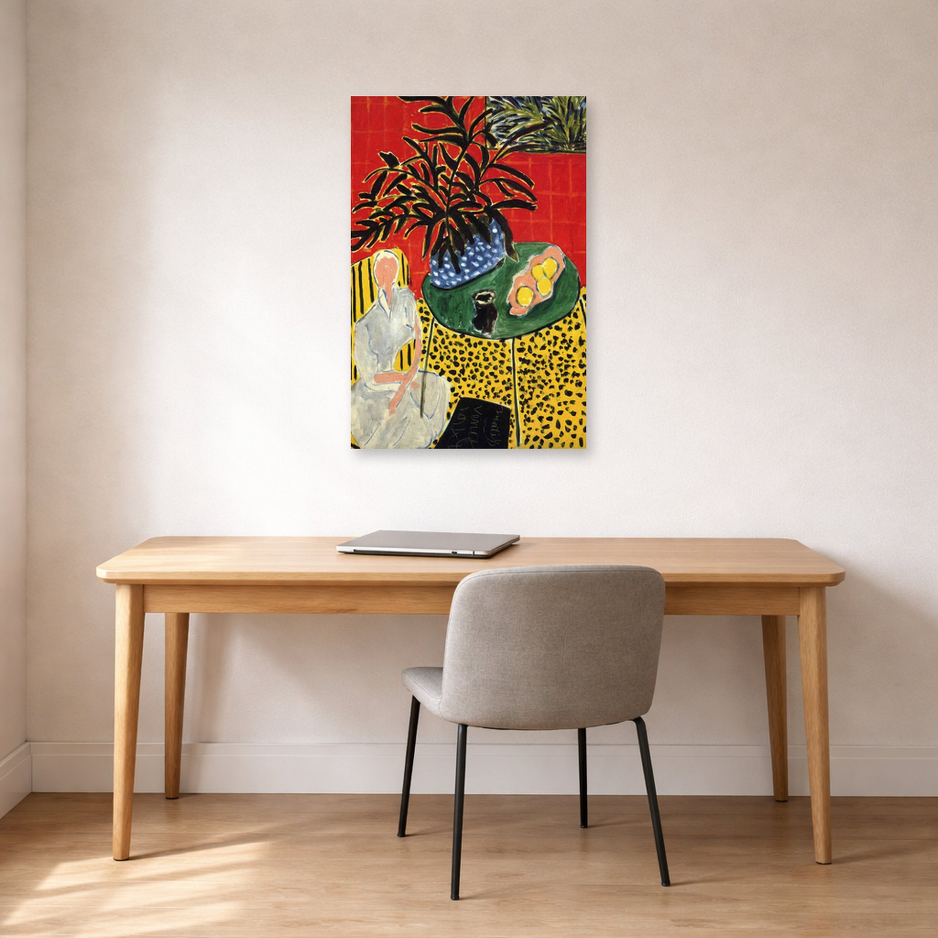 Unframed poster print of Henri Matisse's Interior with Black Fern displayed in a home office